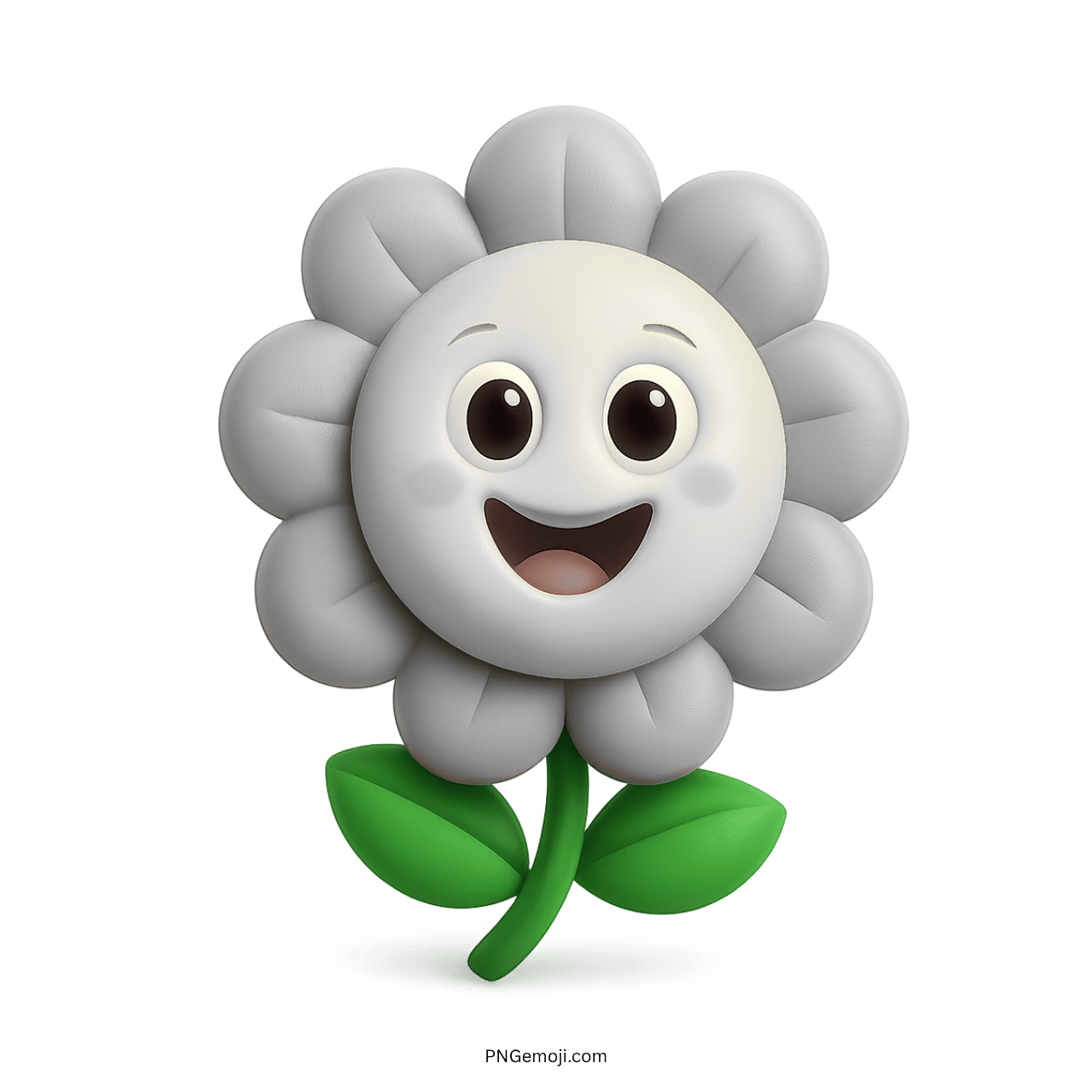 Cute cartoon flower with a smiling face and big eyes, with green leaves, 3D style.