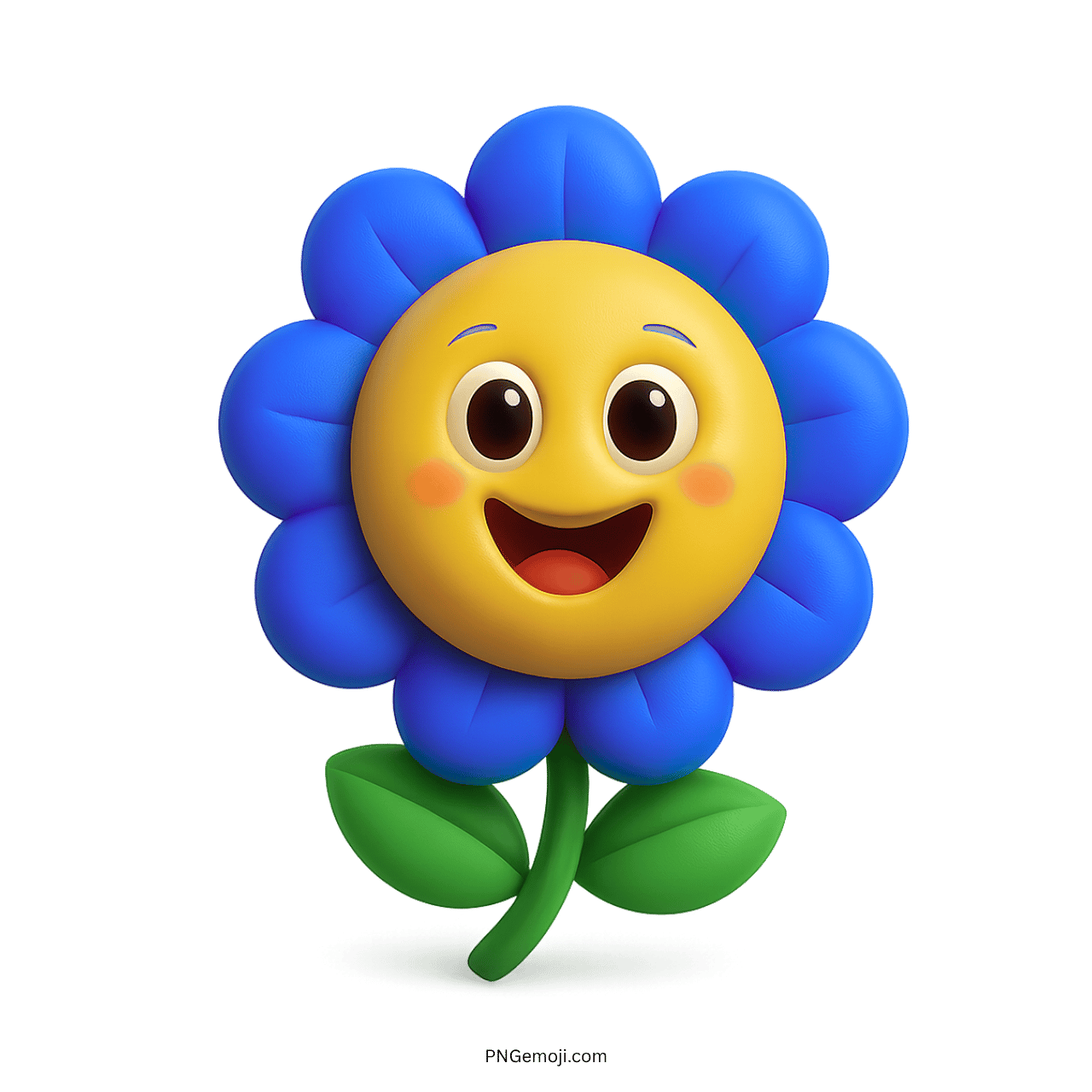 Cute cartoon flower with a happy yellow face and blue petals, standing on green leaves.