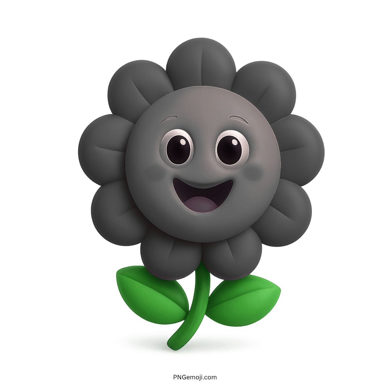 Cute cartoon gray flower with a smiling face, black petals, and green leaves.