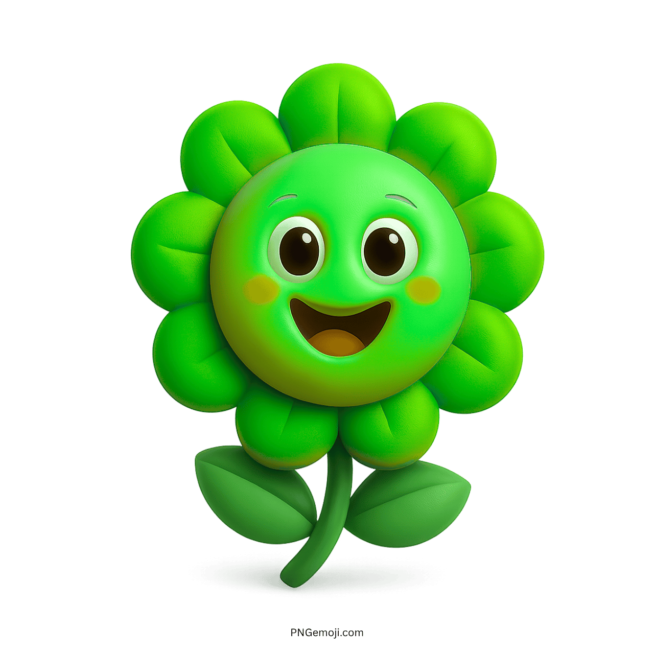 Cute cartoon green flower with a smiling face and big eyes, 3D style.