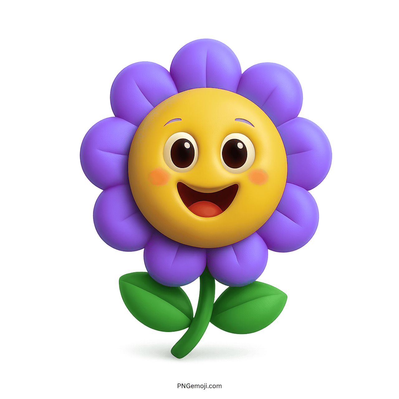 Cute cartoon purple flower with a smiling face and big eyes, 3D style.