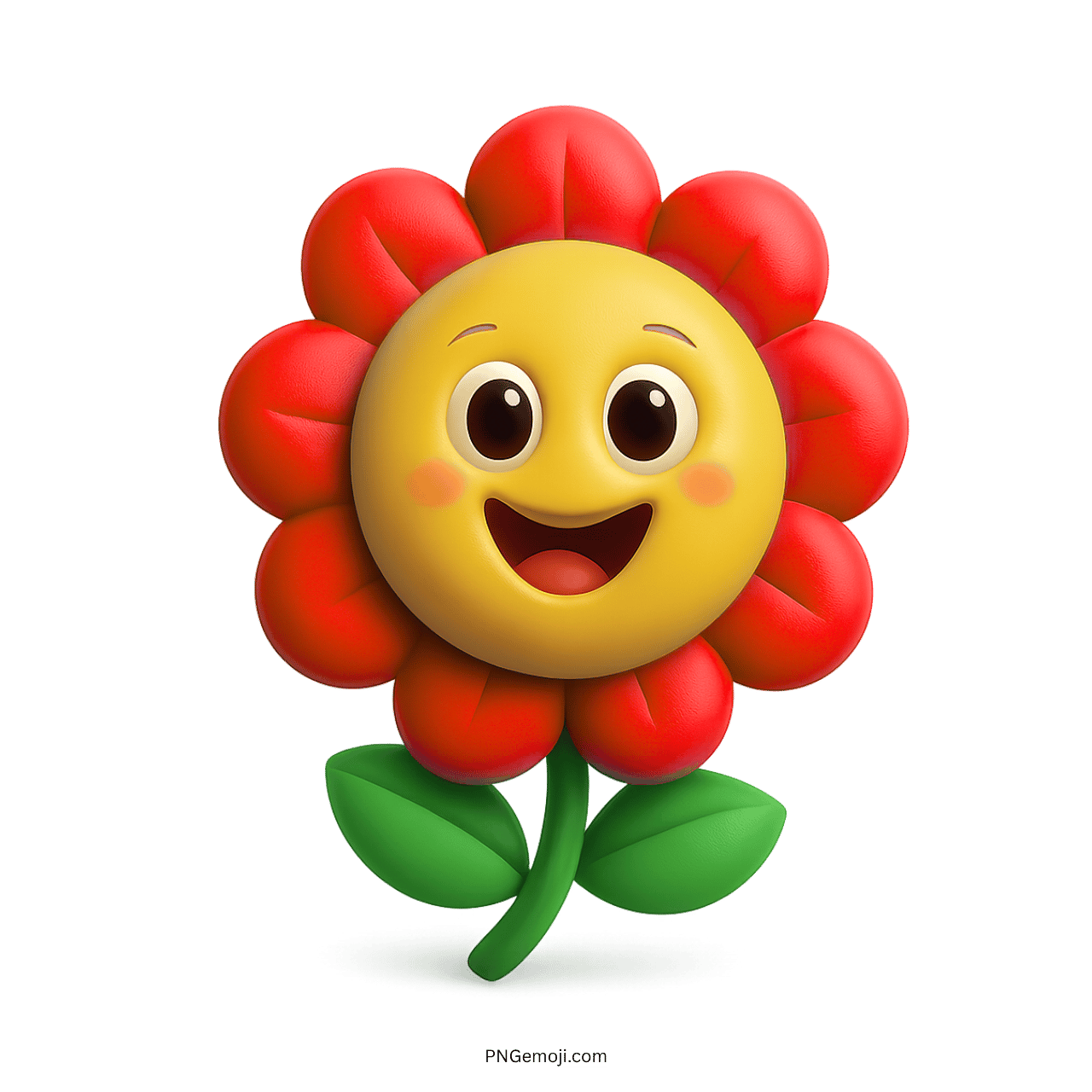 Cute cartoon red flower with a smiling face and big eyes, 3D style.