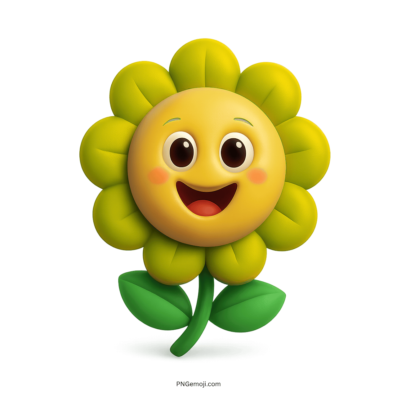  Cute cartoon sunflower with a smiling face and big eyes, 3D style.