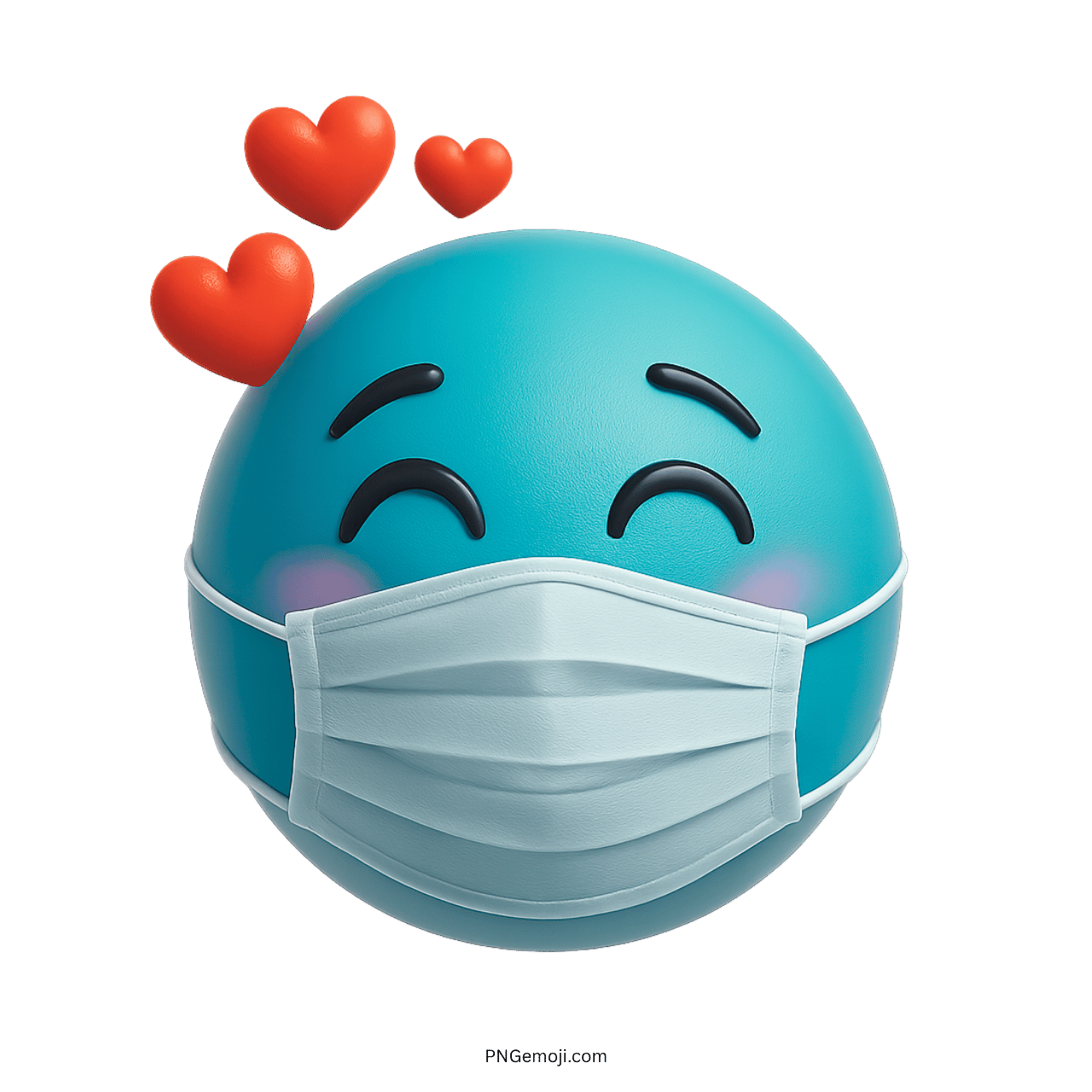 Cyan blue smiley emoji with white mask and floating red hearts in 3D style