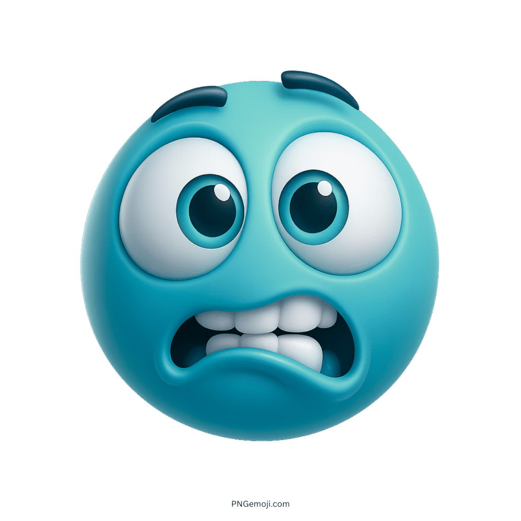 Cyan goofy wacky emoji with big eyes and funny scared expression