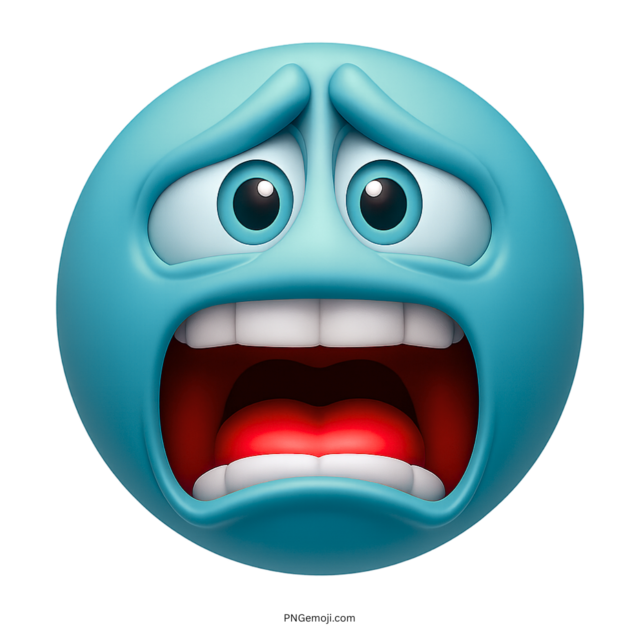 Cyan emoji face with bulging eyes and screaming mouth expressing fear and emotional panic