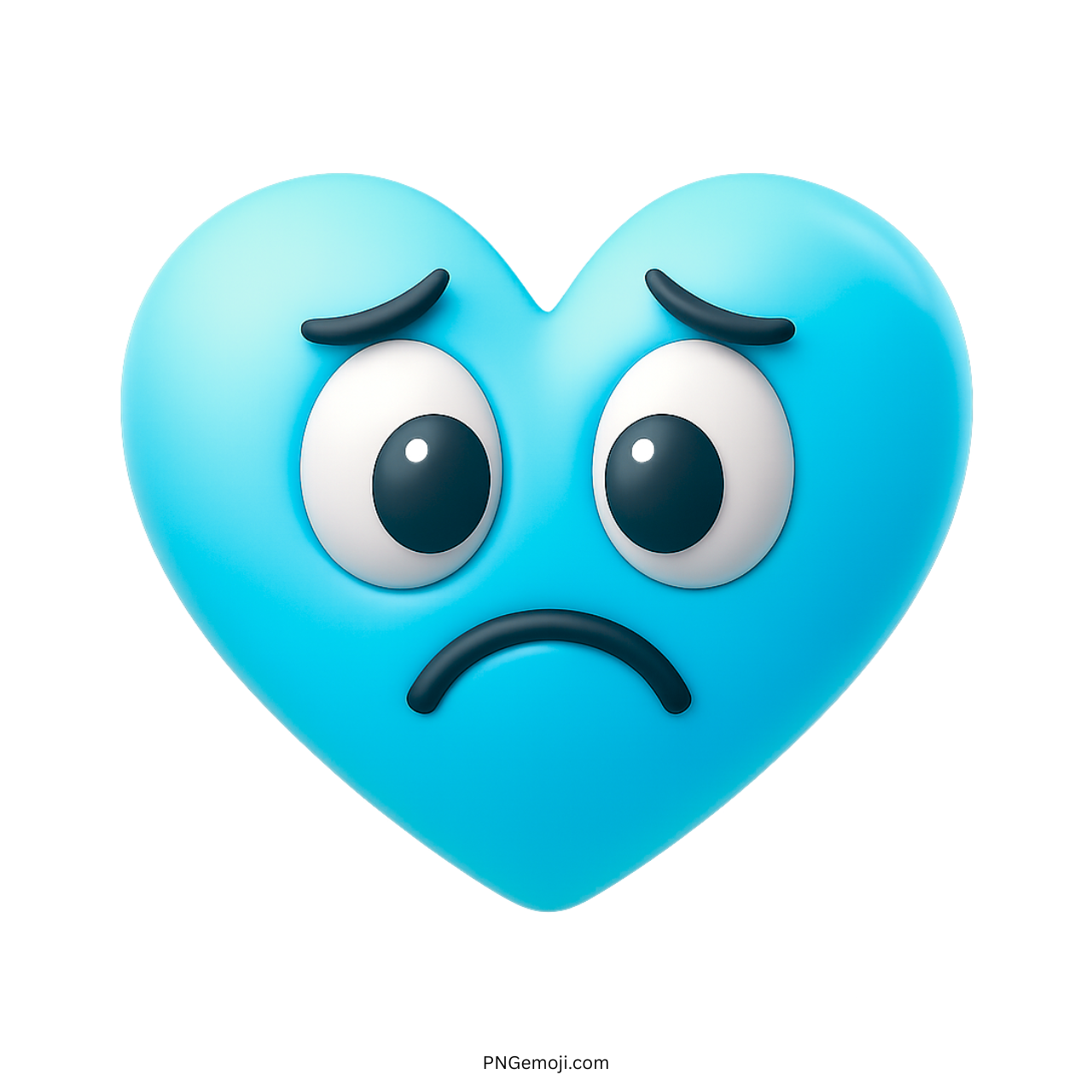 Cyan heart emoji with sad frown and expressive cartoon eyes in 3D design