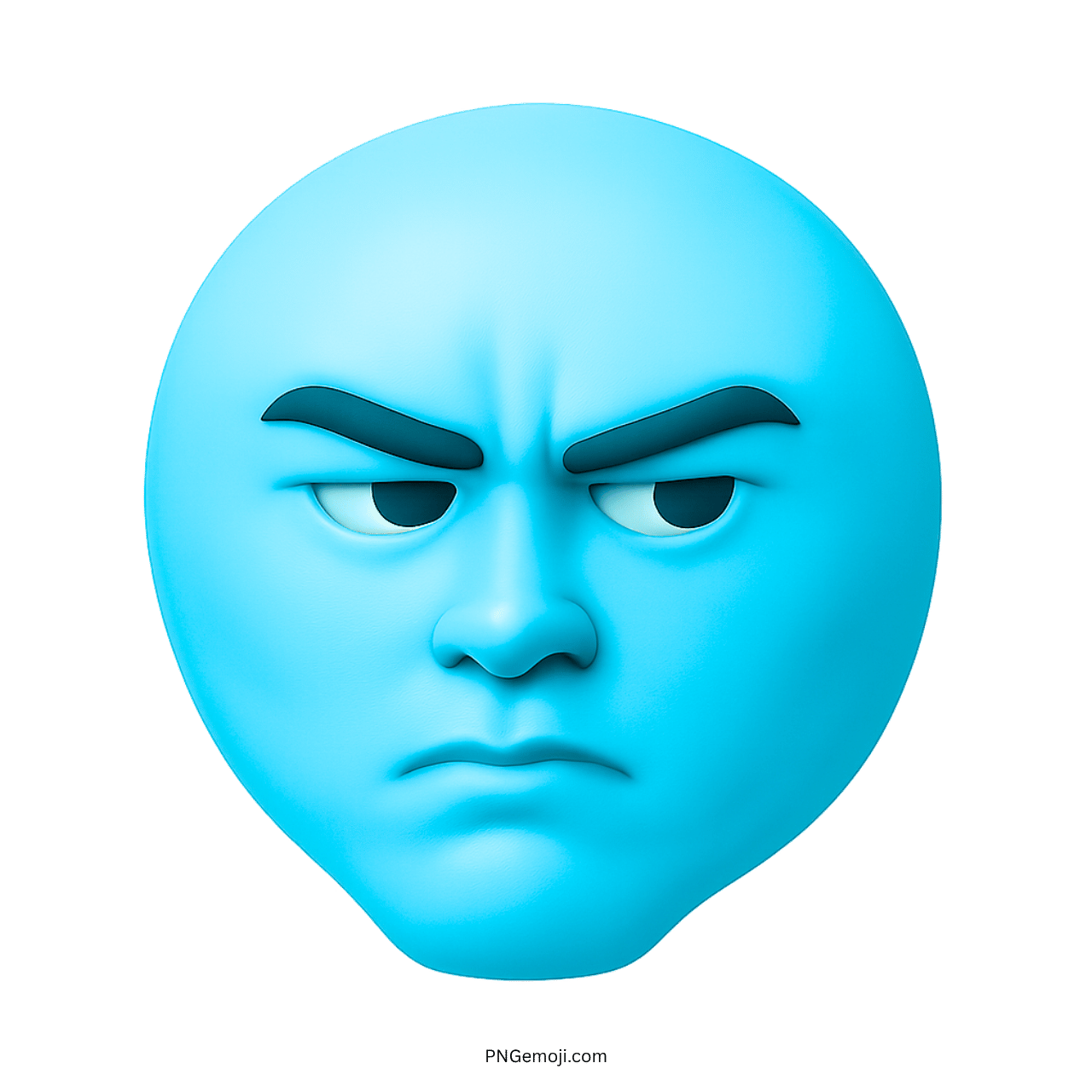 Cyan blue 3D emoji with mewing jawline, sigma glare, and intense sharp brow look