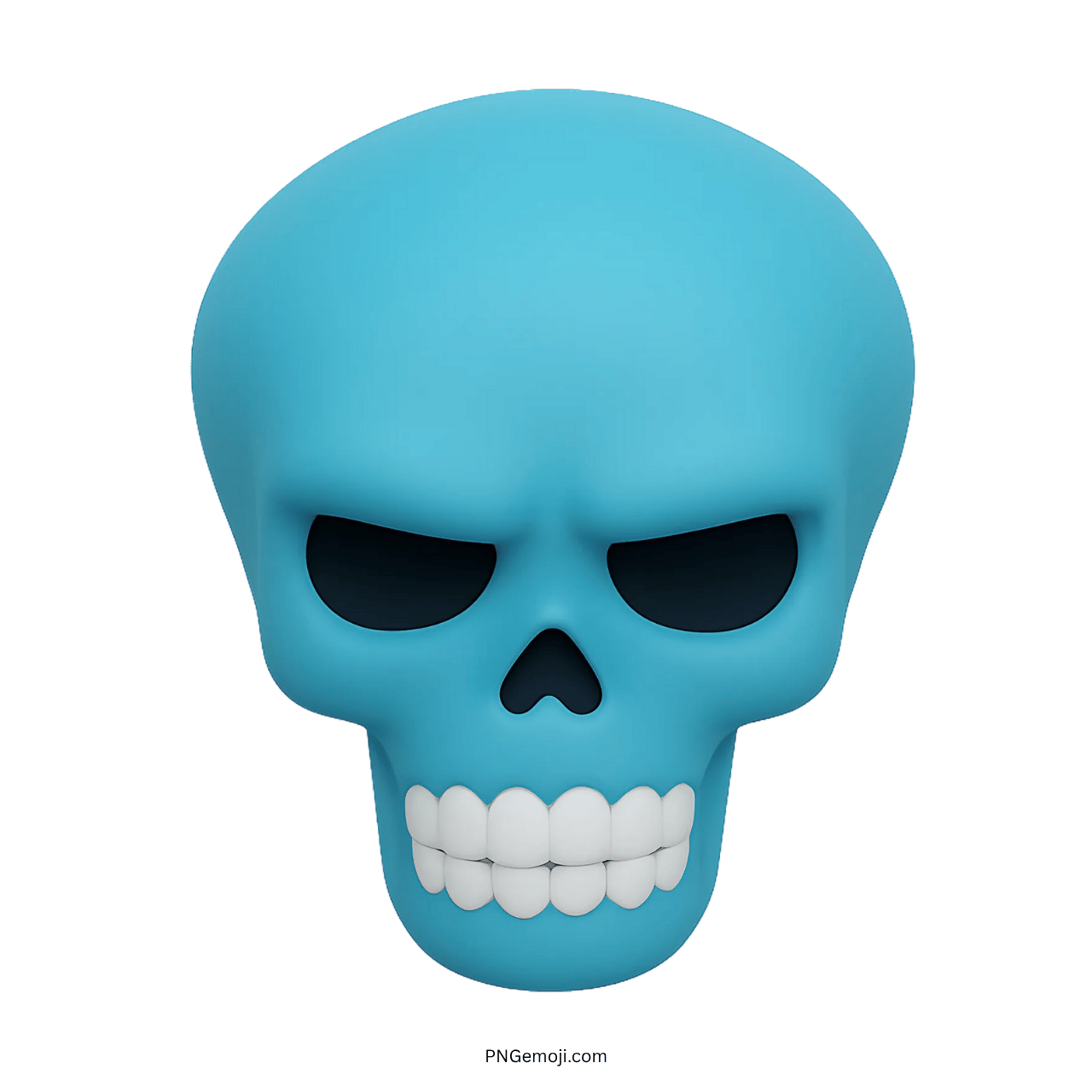 3D cyan skull emoji with black eye sockets and white teeth on transparent background