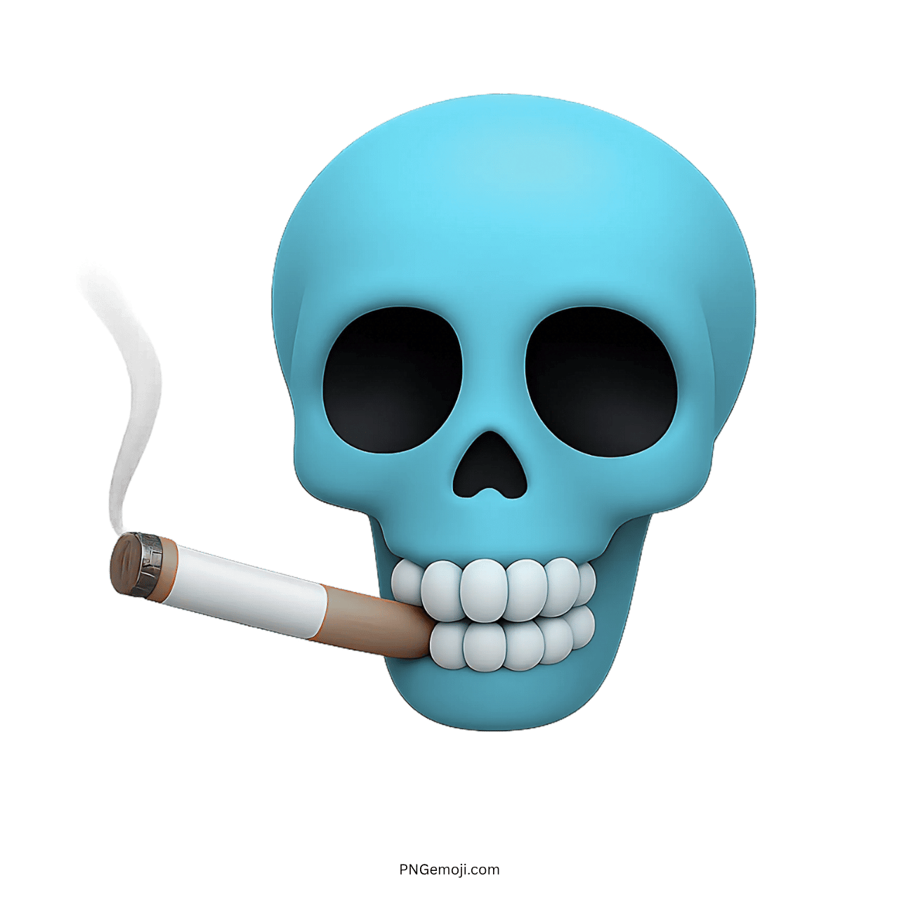 3D cyan blue skull emoji smoking cigarette with black eyes and teeth