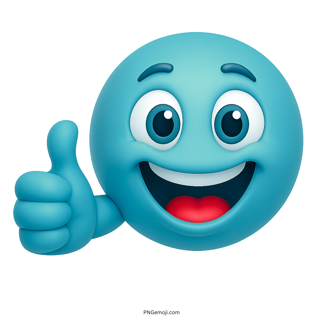 Cyan smiley emoji giving thumbs up with cheerful eyes and a wide happy grin
