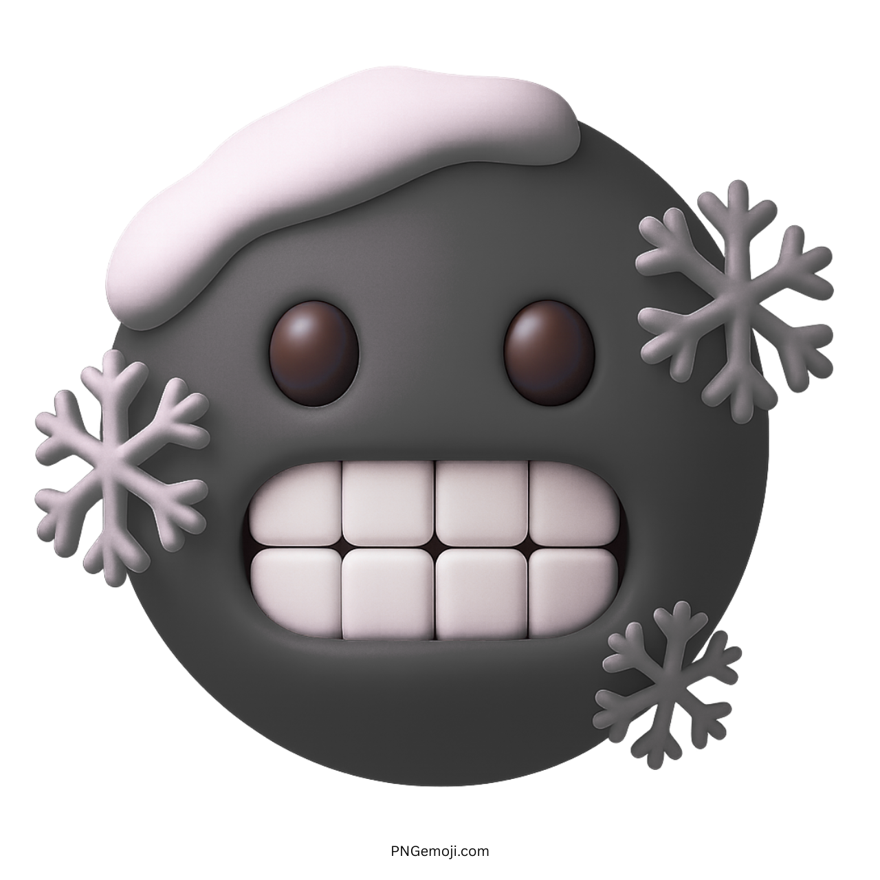 Dark 3D cold face emoji with snowflakes and icy grin expression