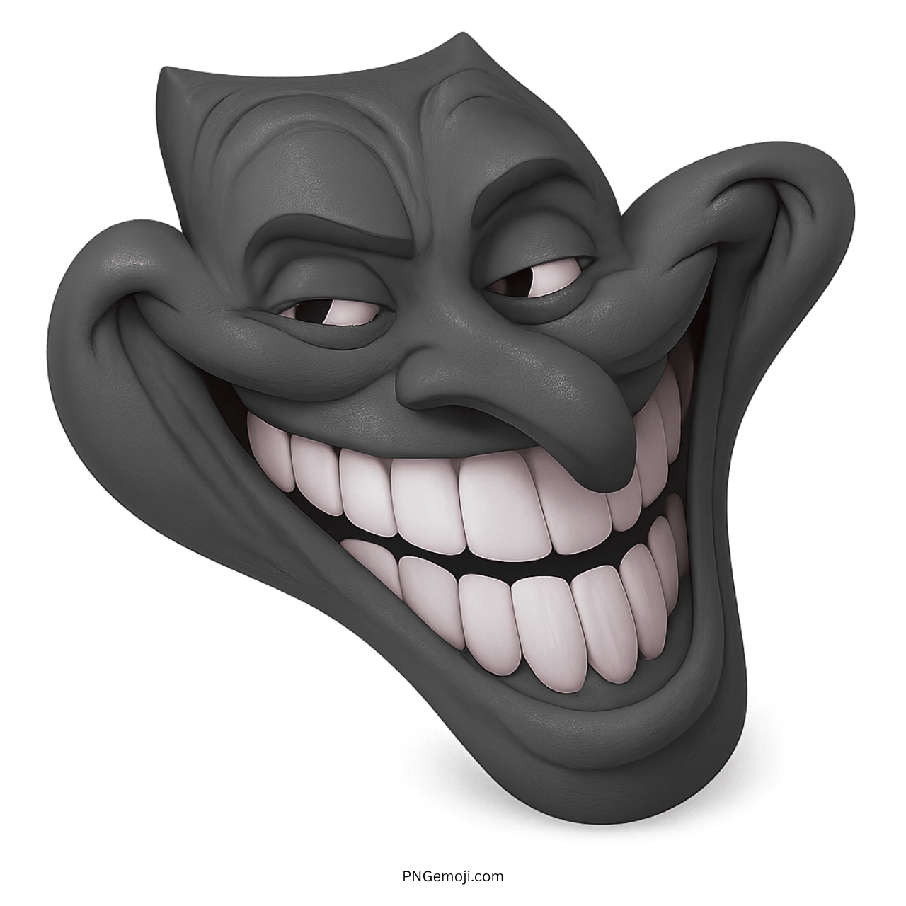 Dark 3D troll face emoji with sinister grin and mischievous facial expression
