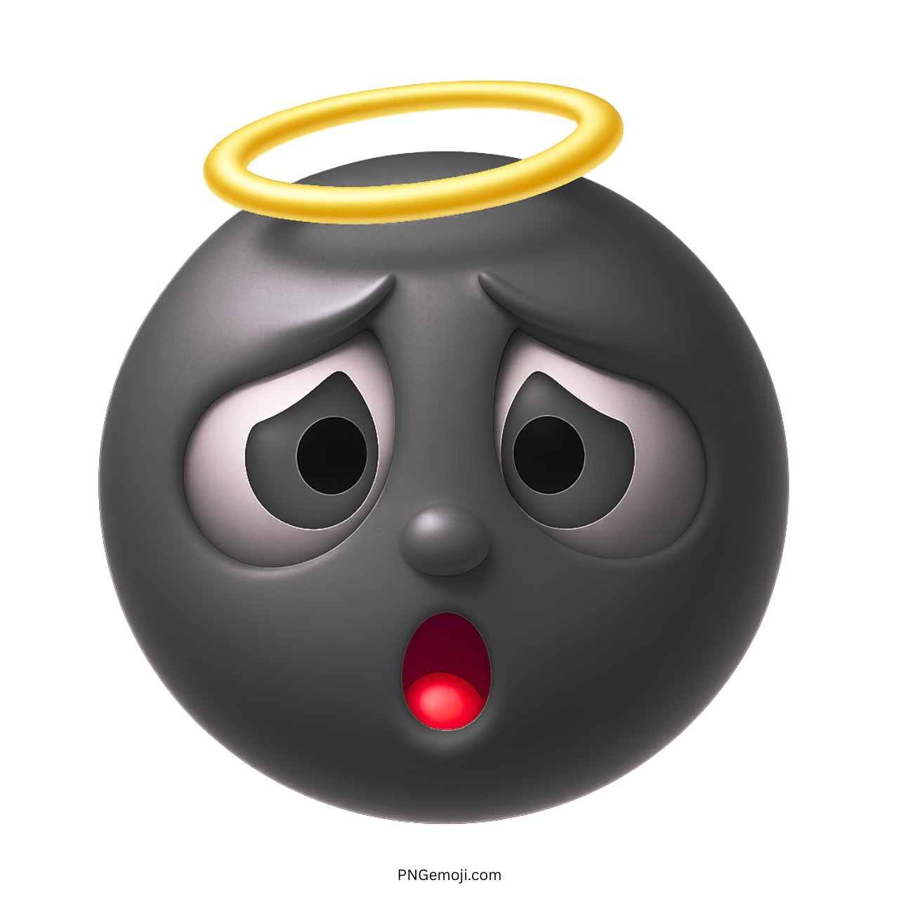 Black 3D angel emoji with yellow halo and surprised facial expression clipart