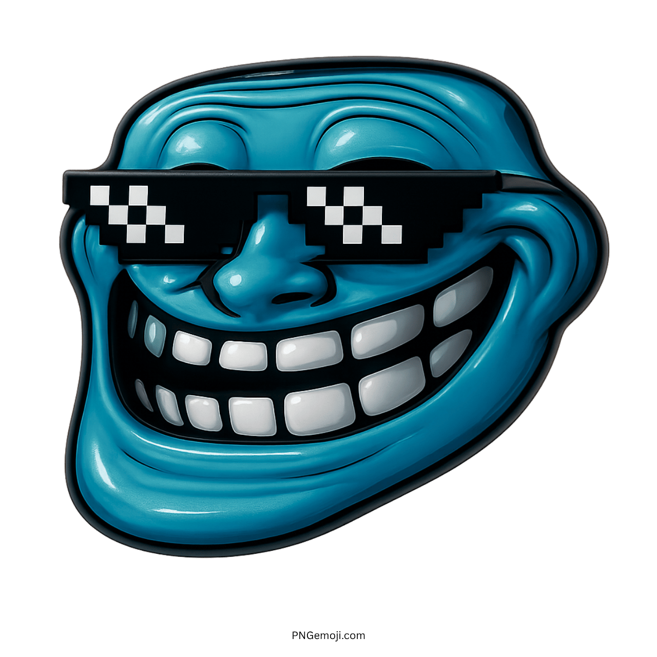 Dark cyan troll face meme with thug life pixel sunglasses and wide cheeky grin