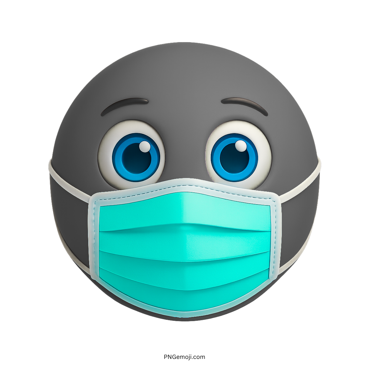 Dark grey emoji face with blue eyes wearing teal medical face mask