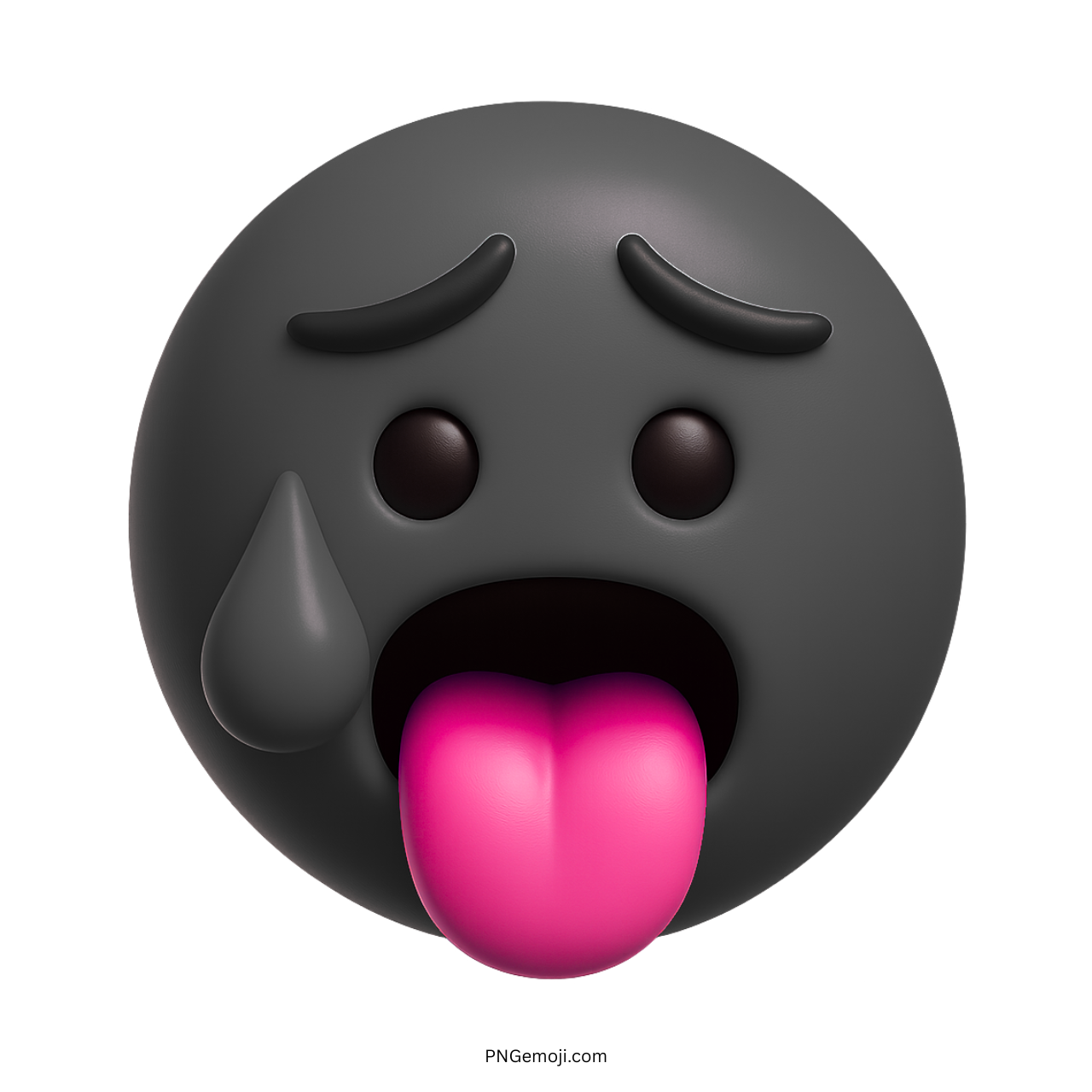 3D black hot face emoji with sweat drop and tongue sticking out in distress