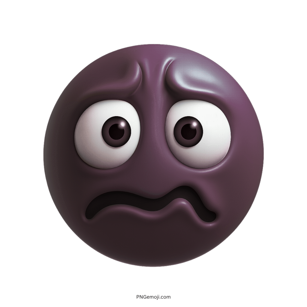 Dark purple 3D emoji face with wide eyes and deeply stressed expression