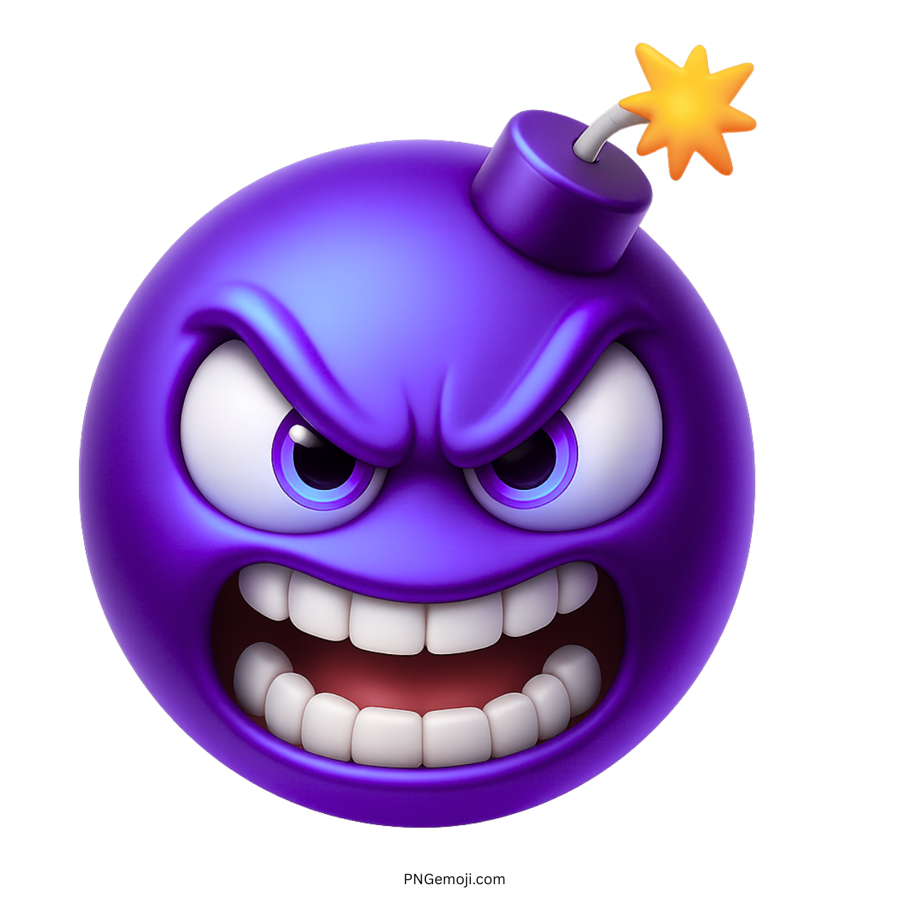 3D dark purple bomb emoji with furious eyes, clenched teeth, and lit fuse