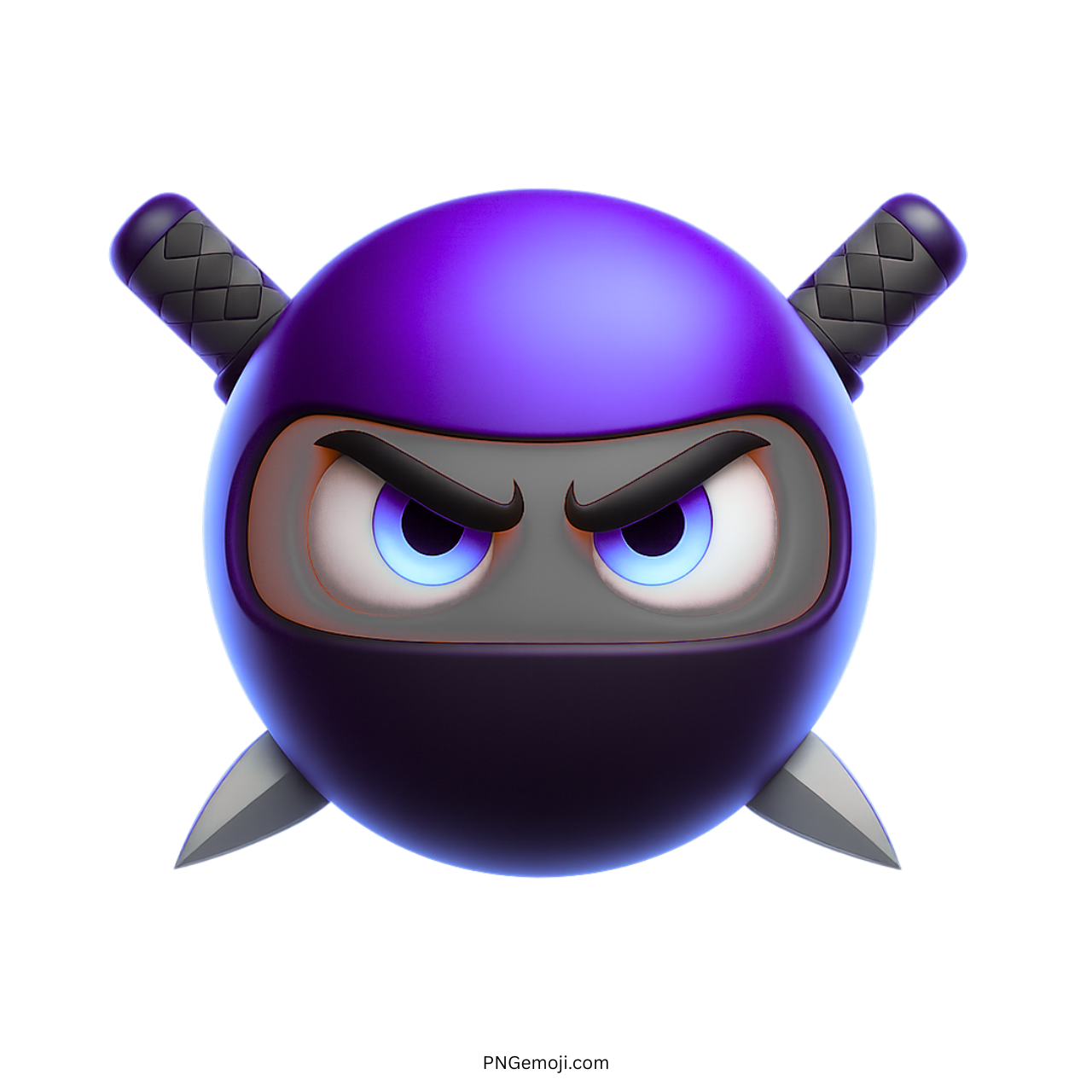 3D dark purple ninja emoji with glowing eyes and swords on transparent PNG background