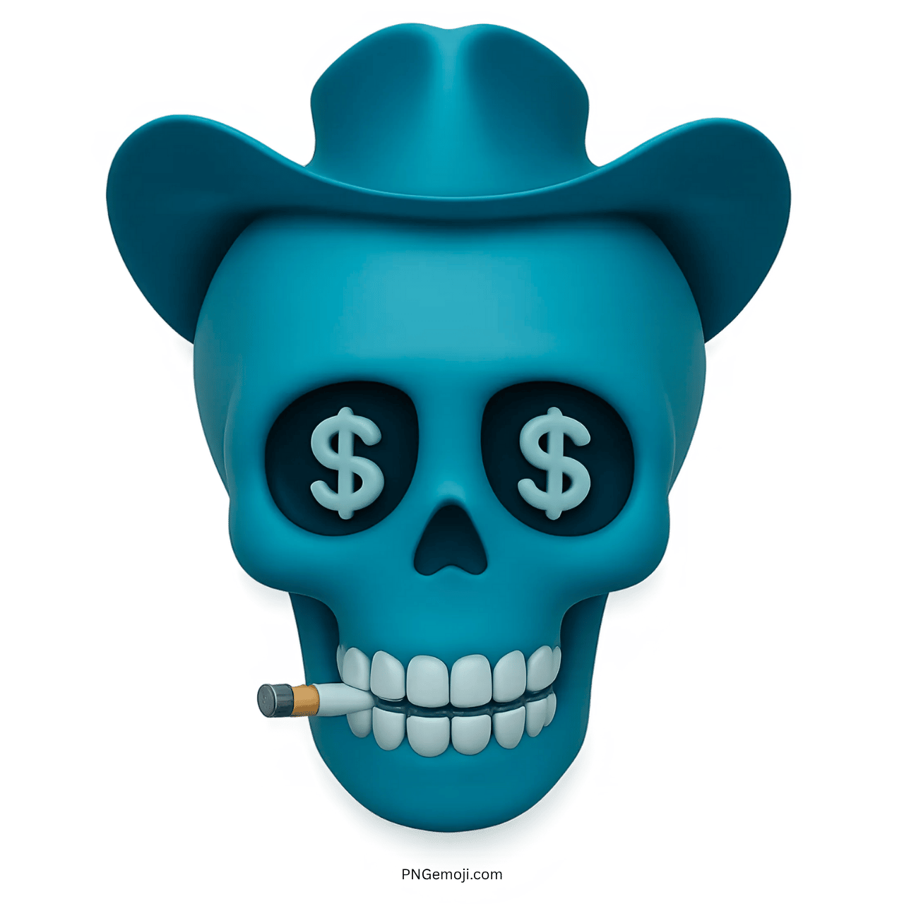 Teal skull emoji with dollar eyes, cowboy hat, and cigarette between teeth