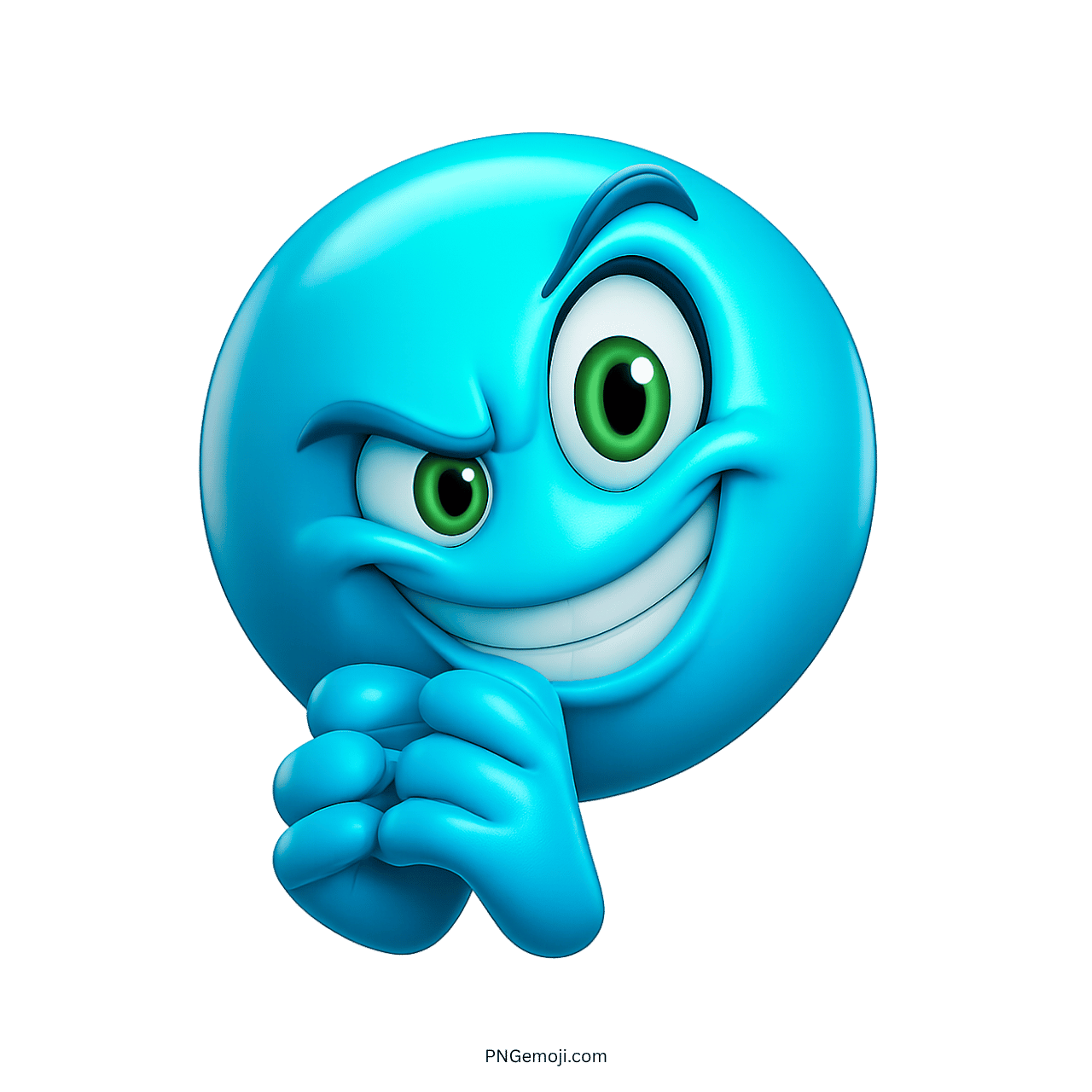 Devious blue grinning emoji sticker with mischievous smile and green eyes.