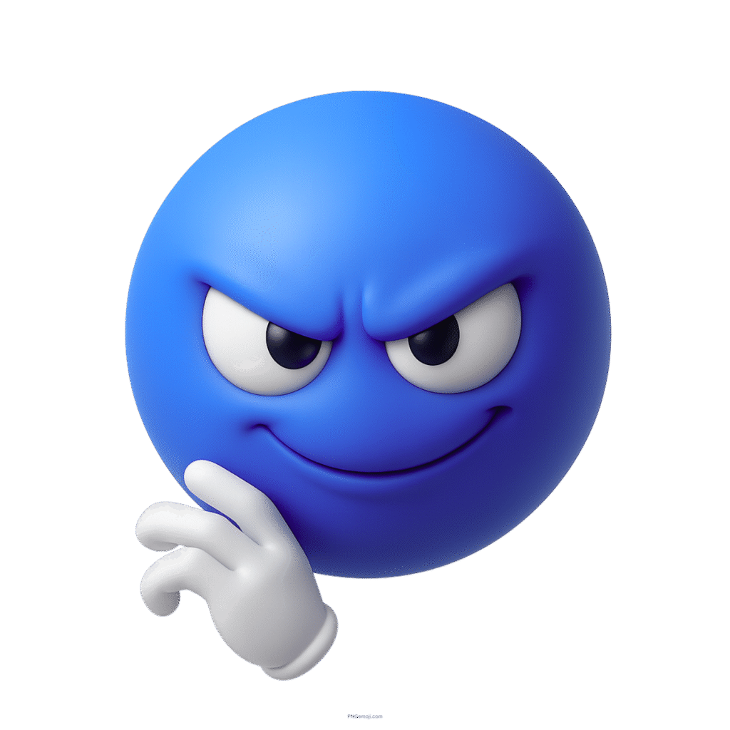 3D blue devious emoji with scheming eyes and mischievous smirk expression