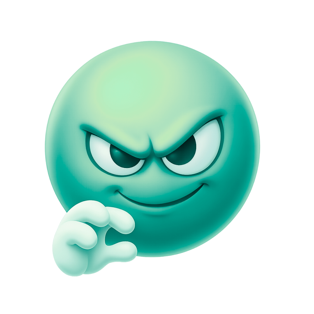 Green devious emoji face with sly smirk and mischievous eyes on transparent background