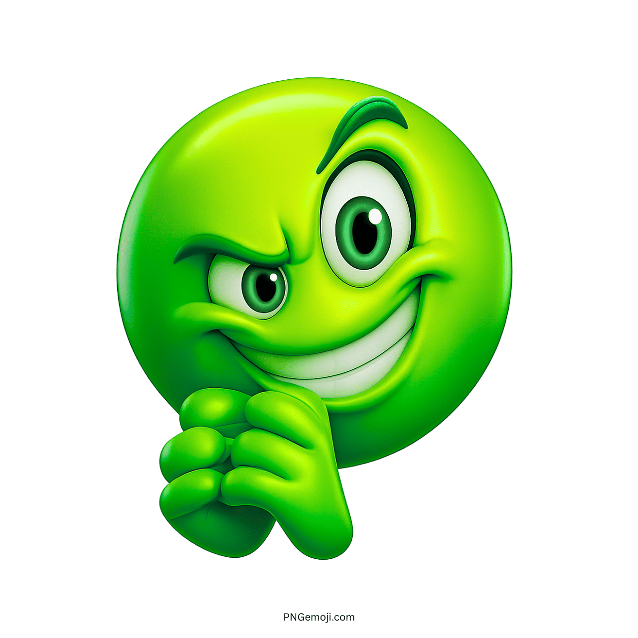 Devious green emoji with mischievous grin and bright green eyes.