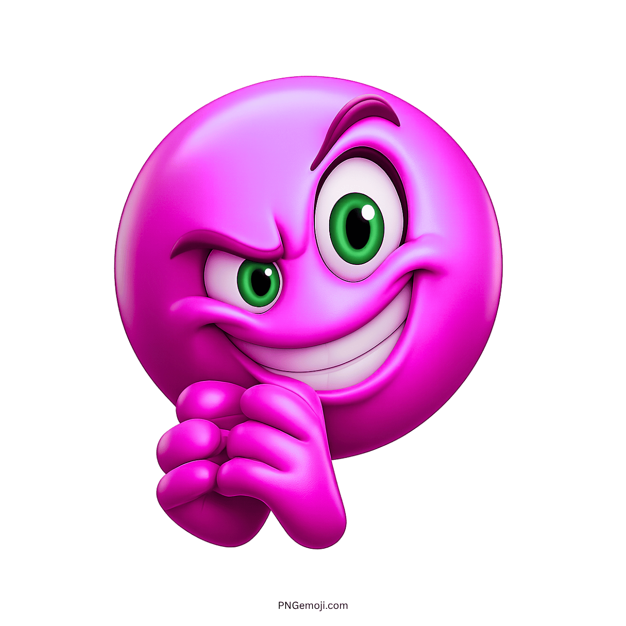Devious pink grinning emoji sticker with mischievous smile and green eyes.