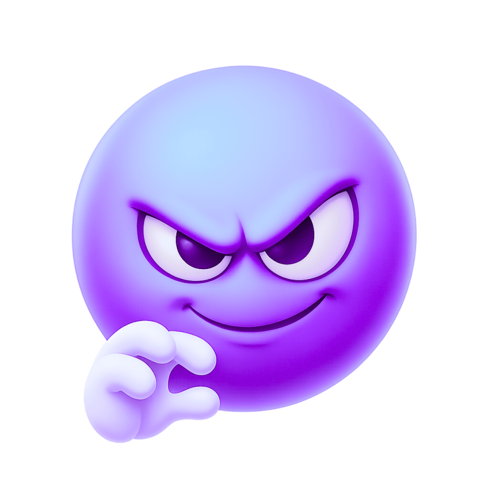 Devious purple emoji face with sly smirk and mischievous eyes on transparent background