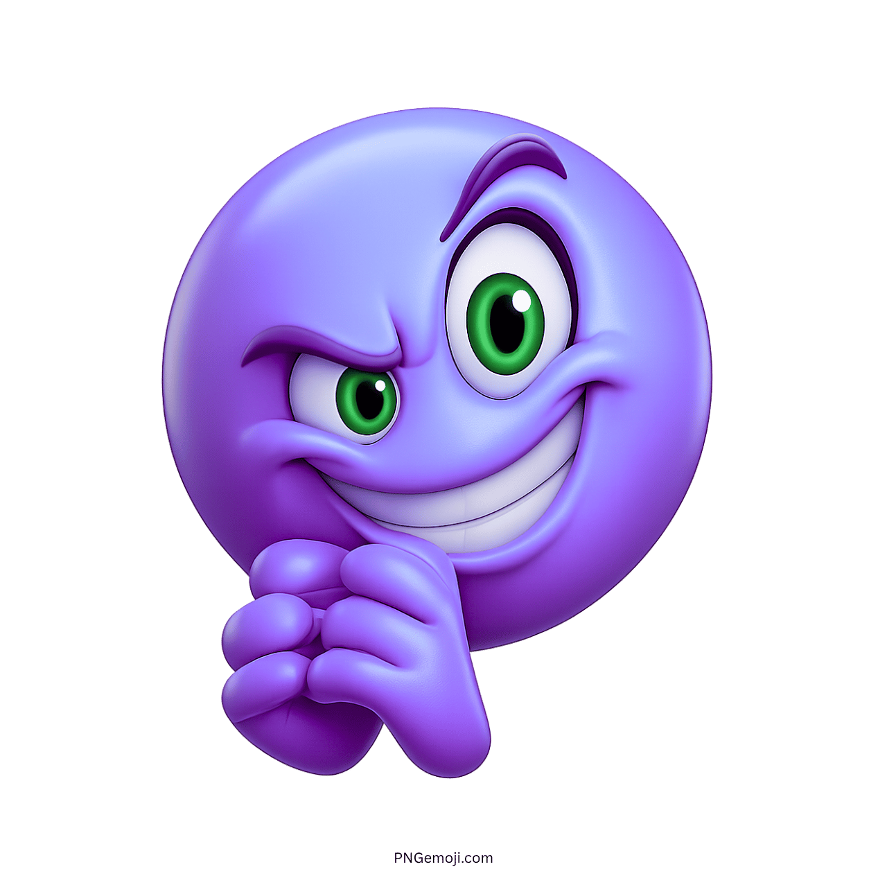 Devious purple grinning emoji sticker with mischievous smile and green eyes.