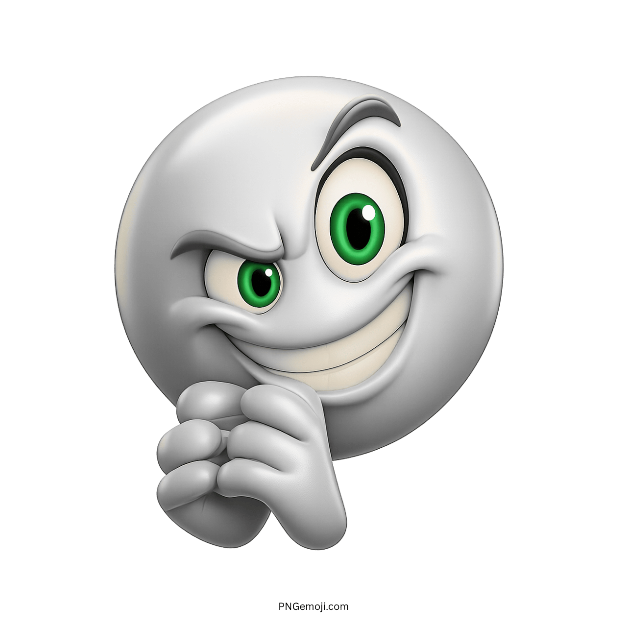 Grinning devious emoji with green eyes and mischievous smile.