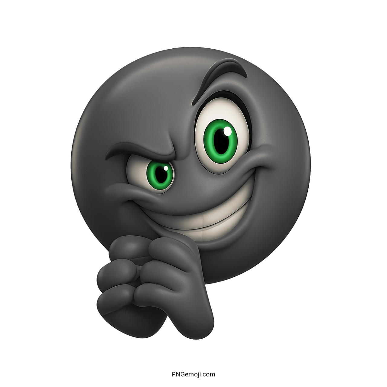 Grey emoticon with a mischievous grin and playful expression in 3D cartoon style.