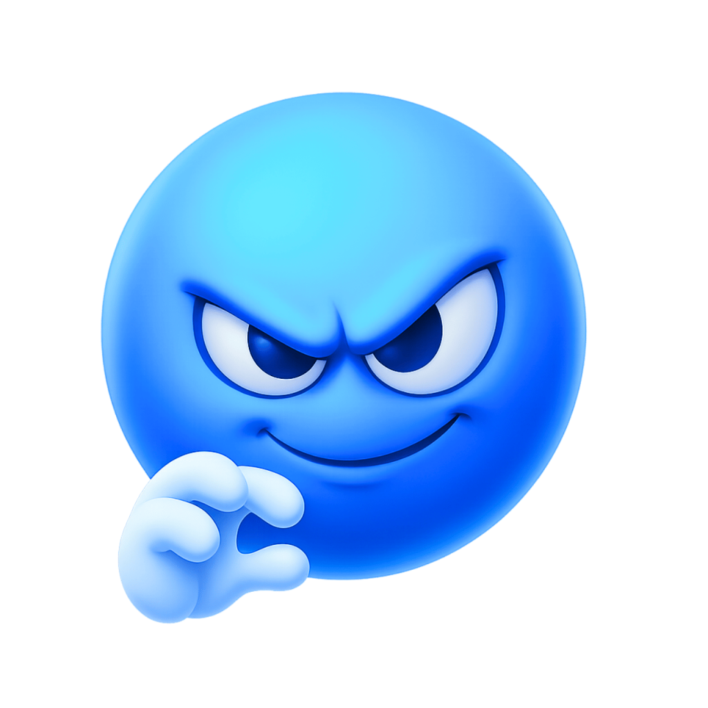 Blue devious emoji with mischievous smirk face and evil expression cartoon style illustration