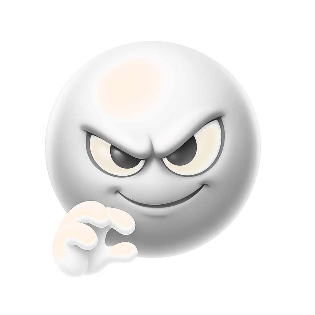White devious emoji face with sly smirk and mischievous eyes on transparent background