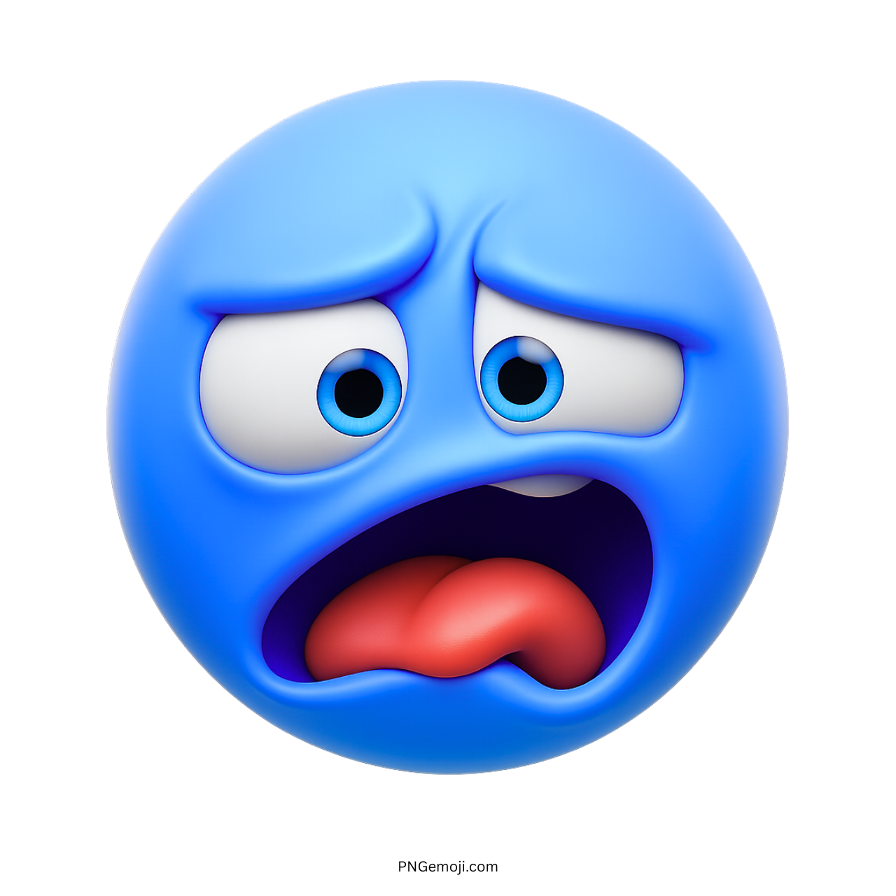 Disgusted blue emoji with tongue out and uncomfortable expression cartoon-style face