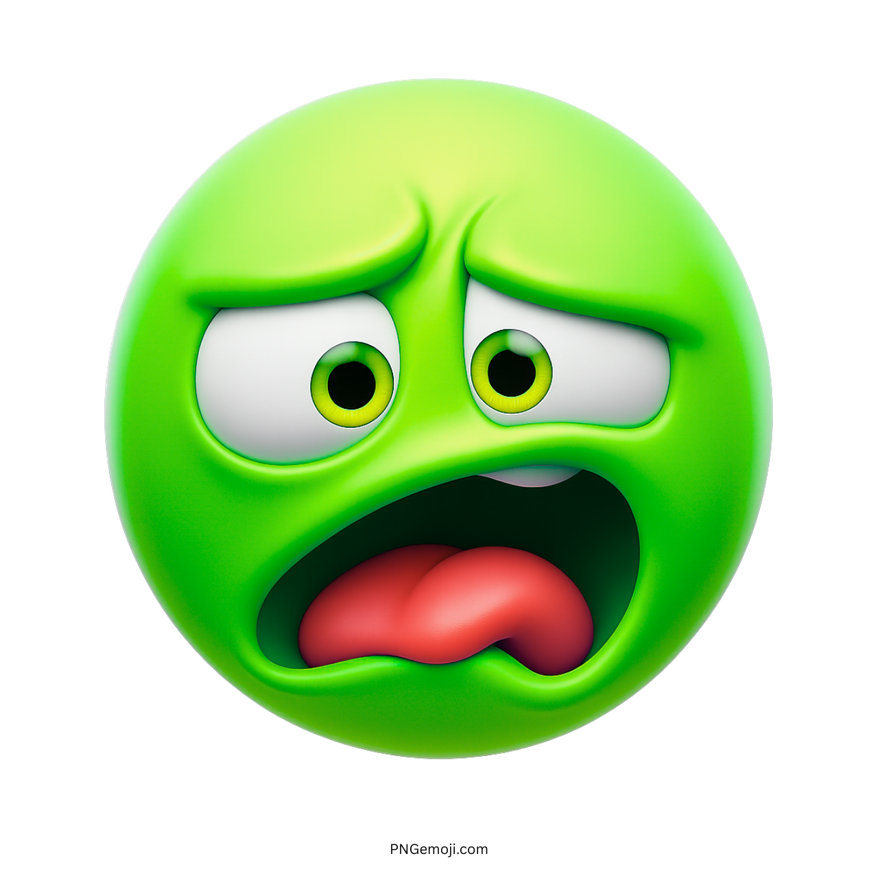 Green disgusted emoji with twisted face, wide eyes, and tongue sticking out