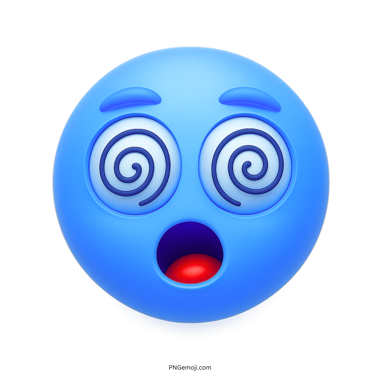 Blue dizzy smiley emoji with spiral eyes and shocked mouth expression