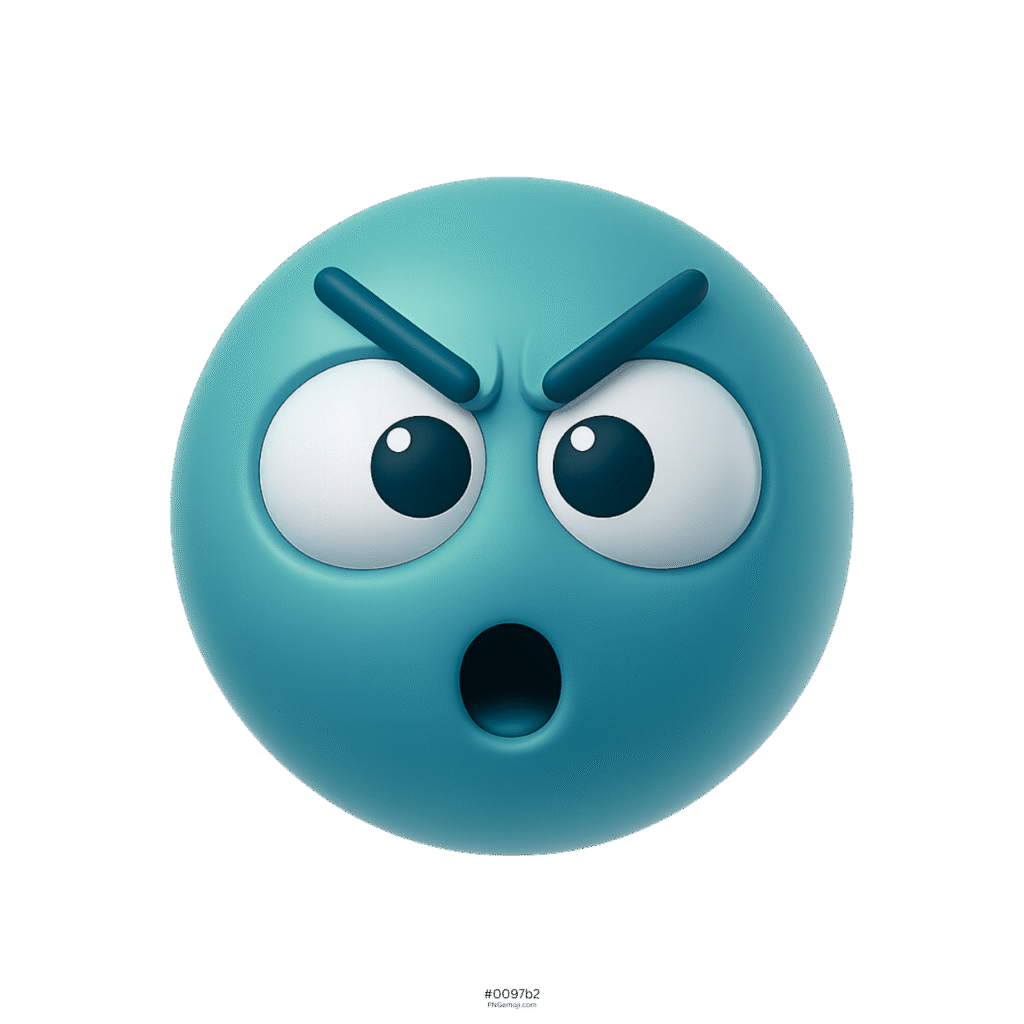 3D blue emoji with angry eyebrows and shocked dumbfound facial expression