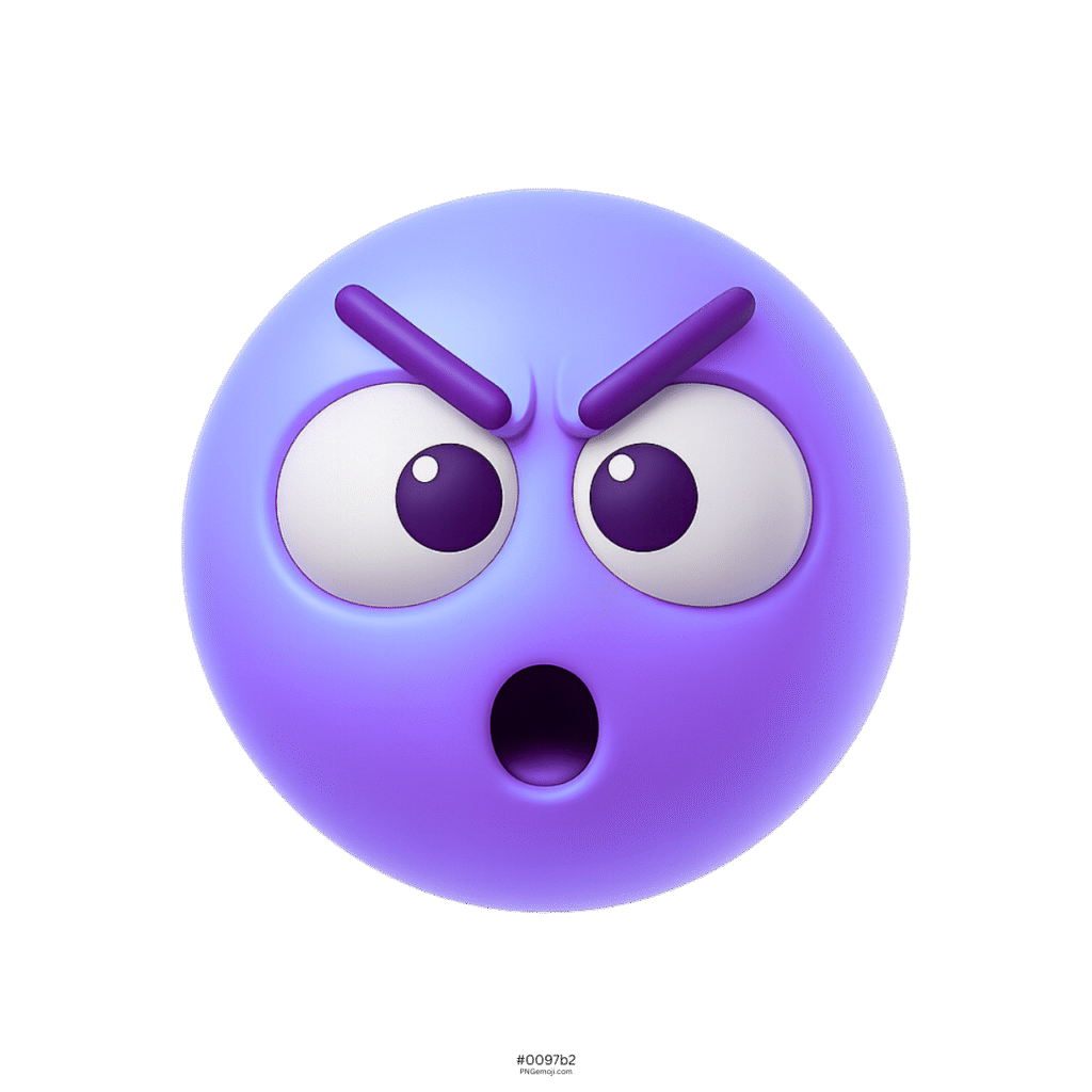 3D purple emoji with angry eyebrows and shocked dumbfound facial expression