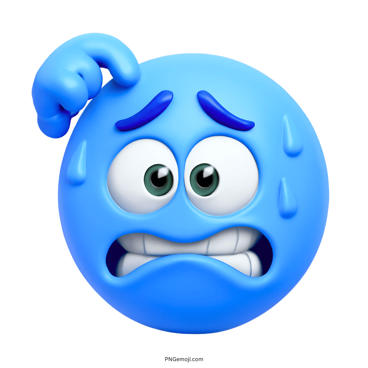 A blue embarrassed emoji scratching its head with a worried expression and sweat drops, showing a confused look.