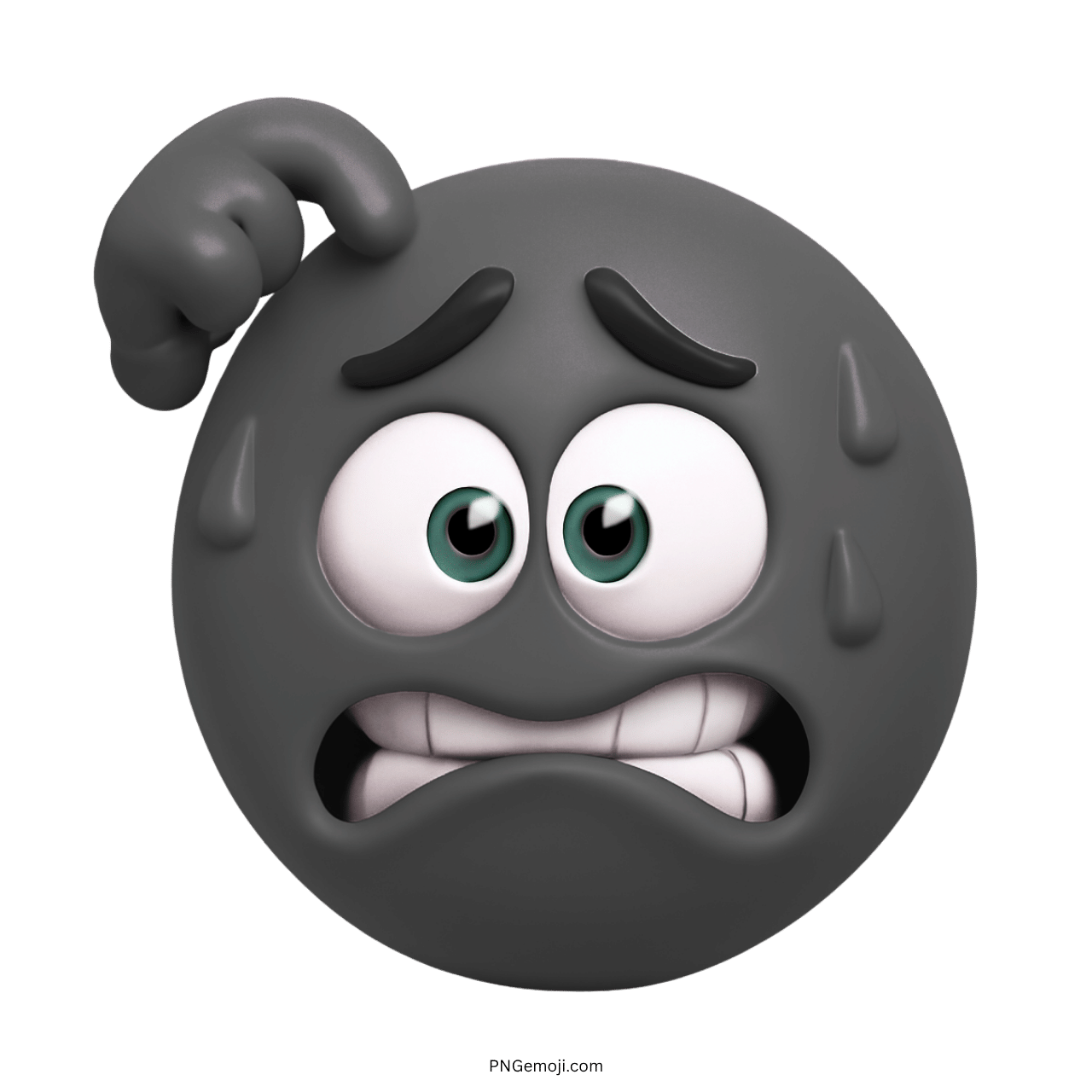 A gray embarrassed emoji scratching its head with a worried and anxious expression, accompanied by sweat drops