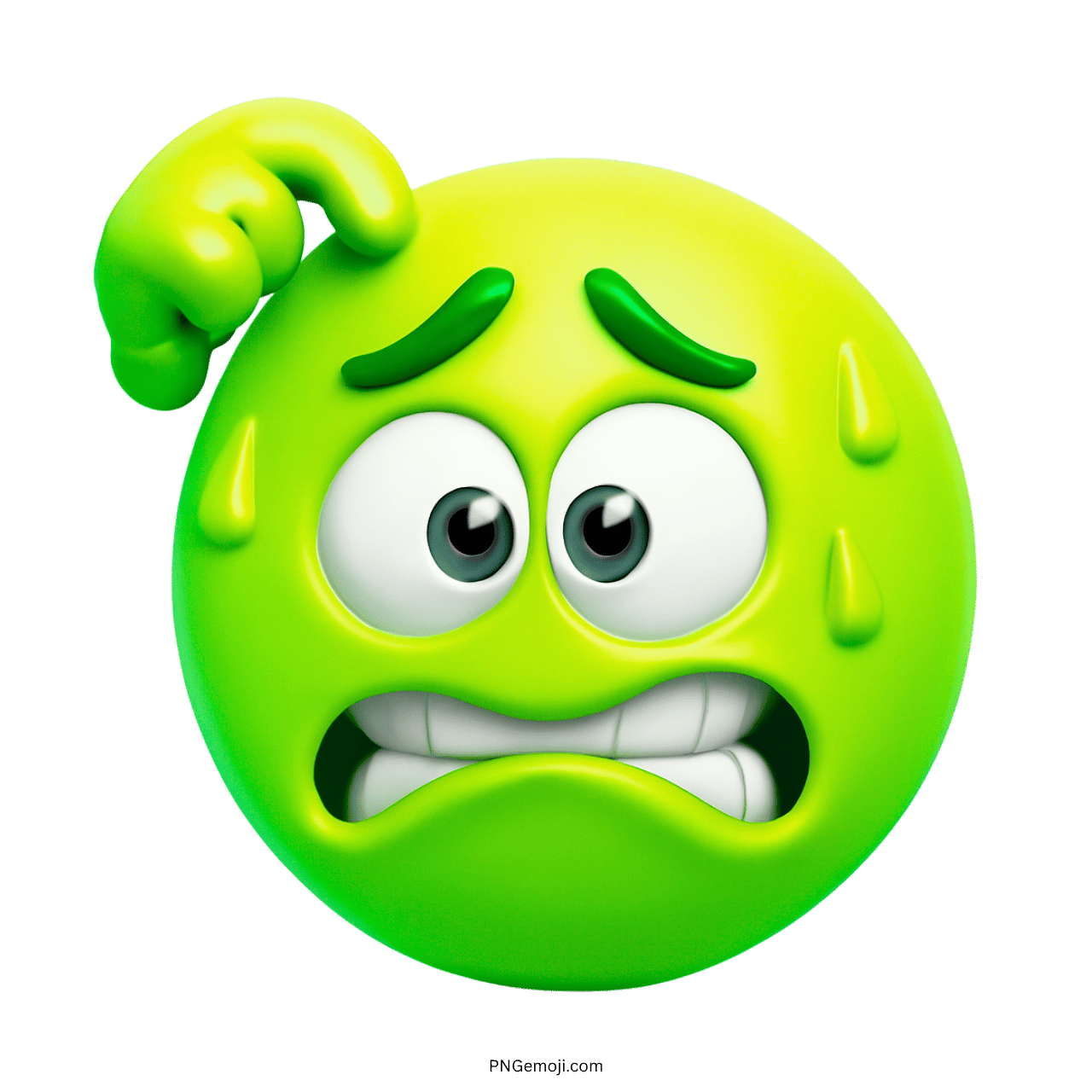 A green embarrassed emoji scratching its head with a worried expression and visible sweat droplets, looking anxious.