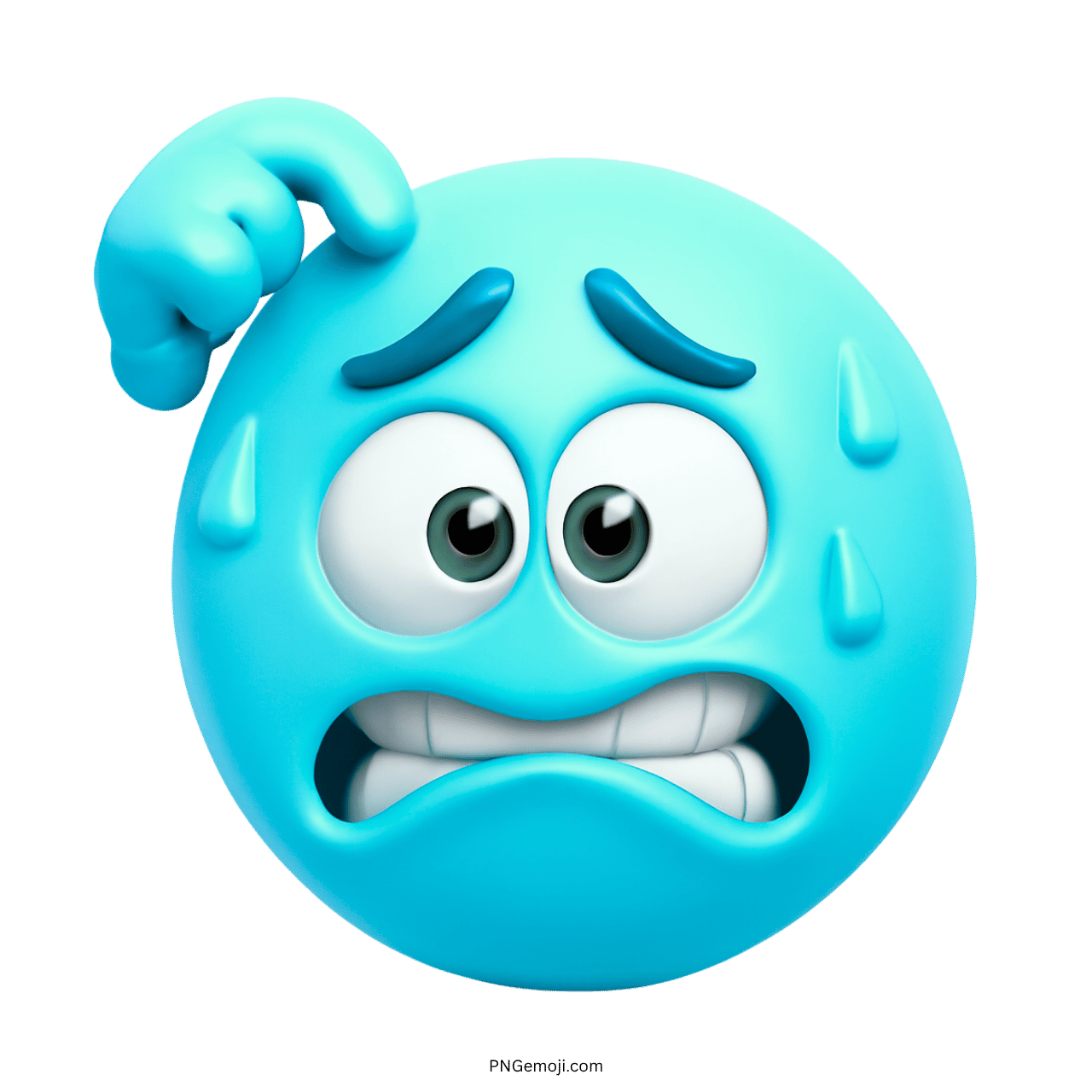 A light blue embarrassed emoji scratching its head with a nervous expression and visible sweat drops, looking anxious