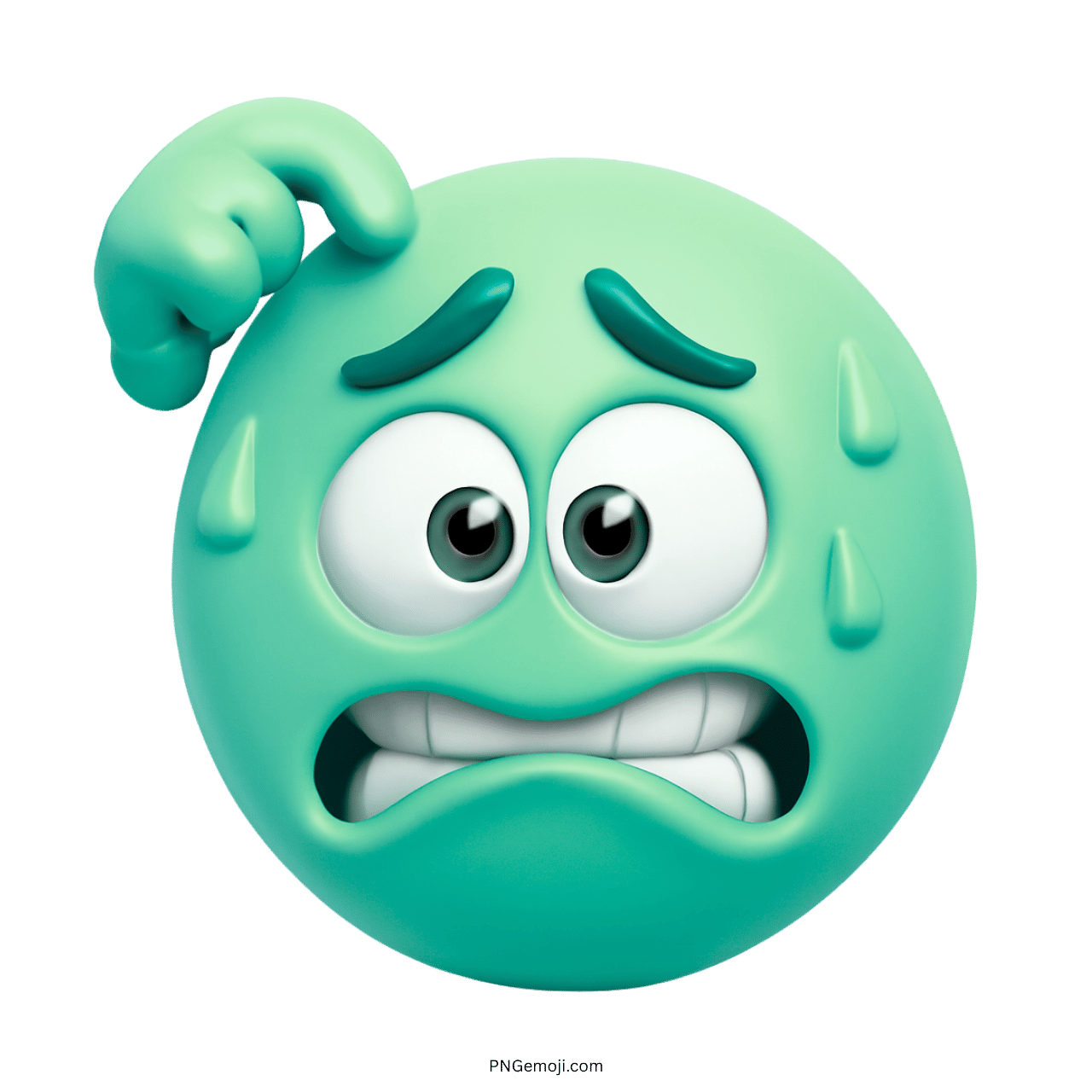  A light green embarrassed emoji scratching its head with a nervous expression and visible sweat drops, showing confusion and anxiety.