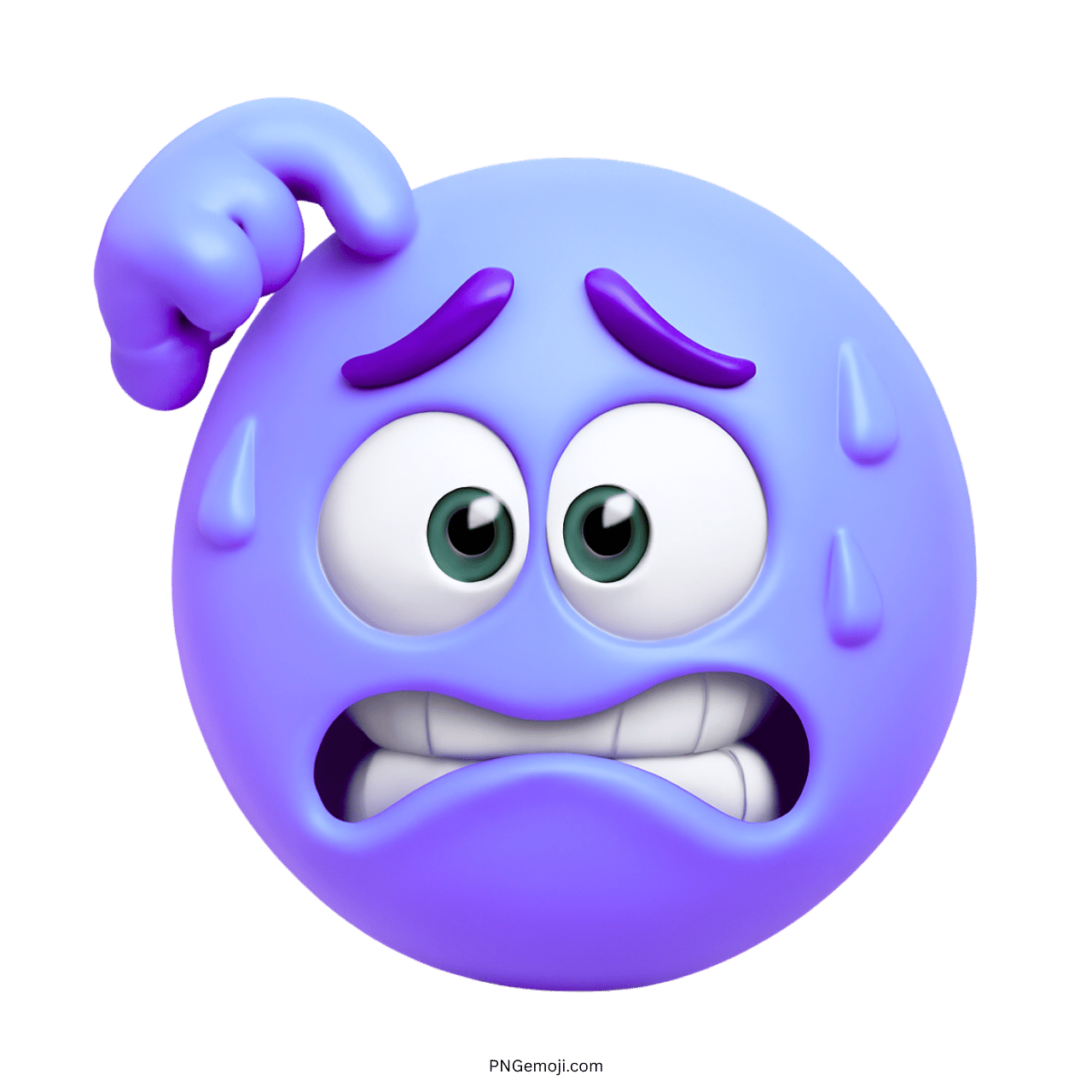 A light purple embarrassed emoji scratching its head with a nervous expression and visible sweat drops, feeling confused and anxious.