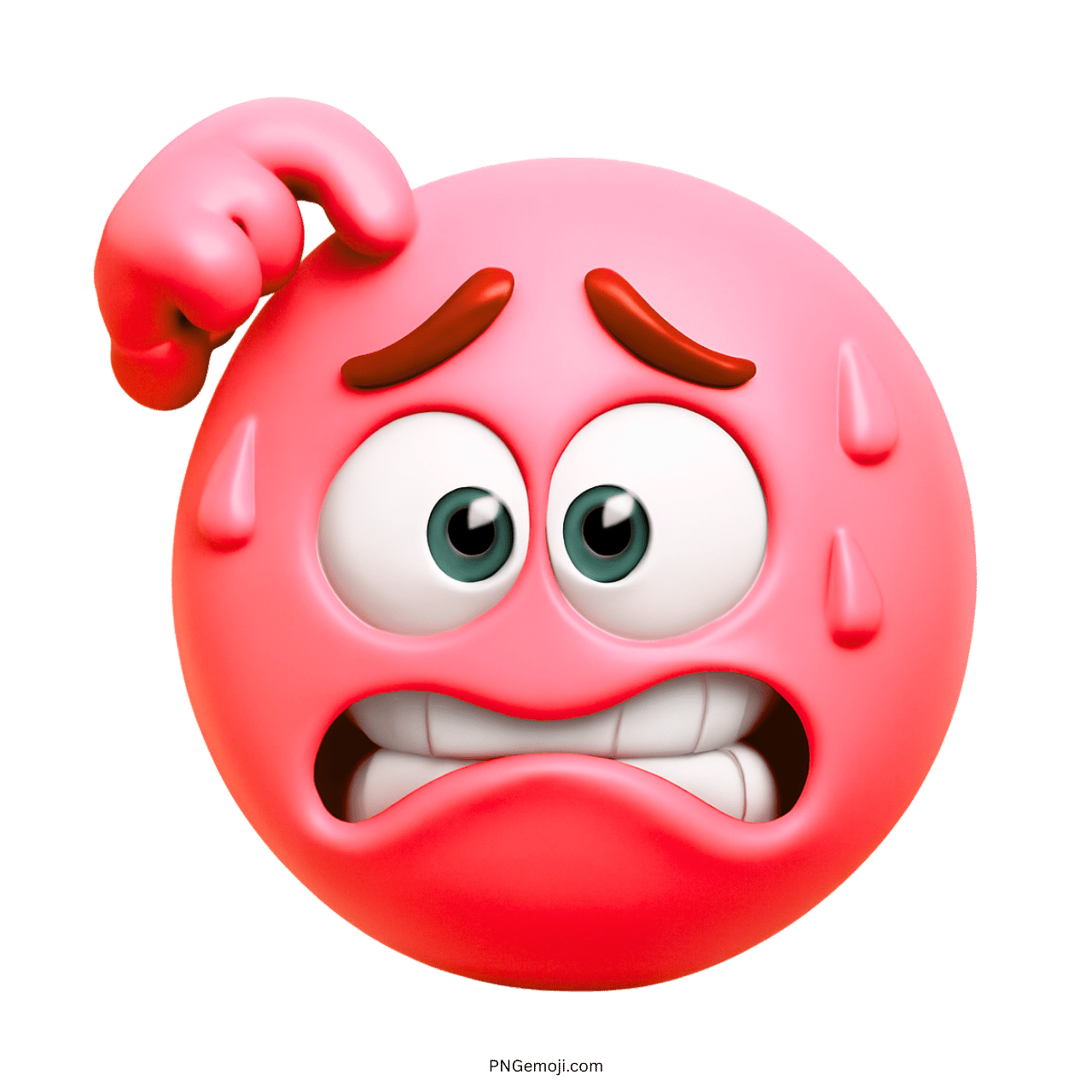 A pink embarrassed emoji scratching its head with a worried expression and sweat droplets, showing anxiety and confusion