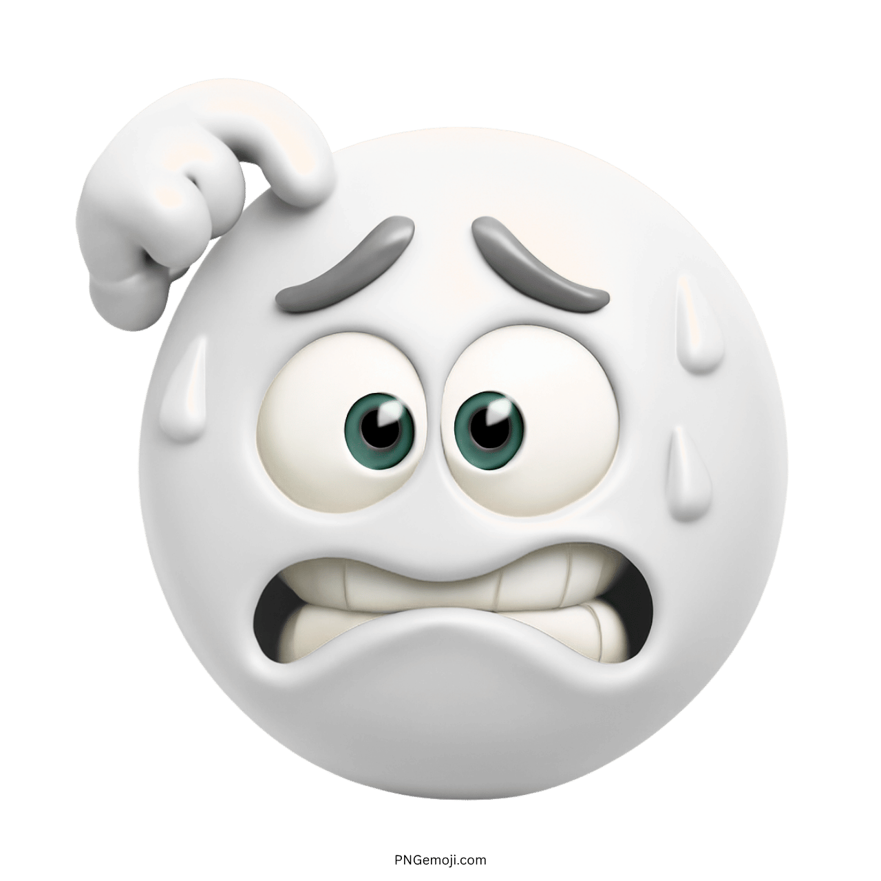 A white embarrassed emoji scratching its head with a nervous expression and visible sweat drops, feeling anxious and confused.