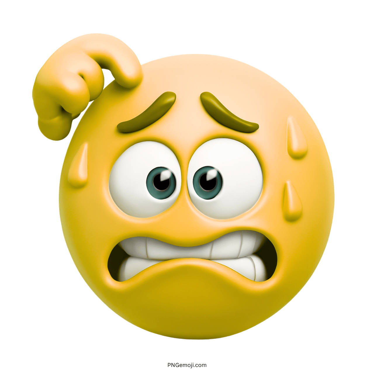  A yellow embarrassed emoji scratching its head with a worried expression and sweat drops, feeling nervous.